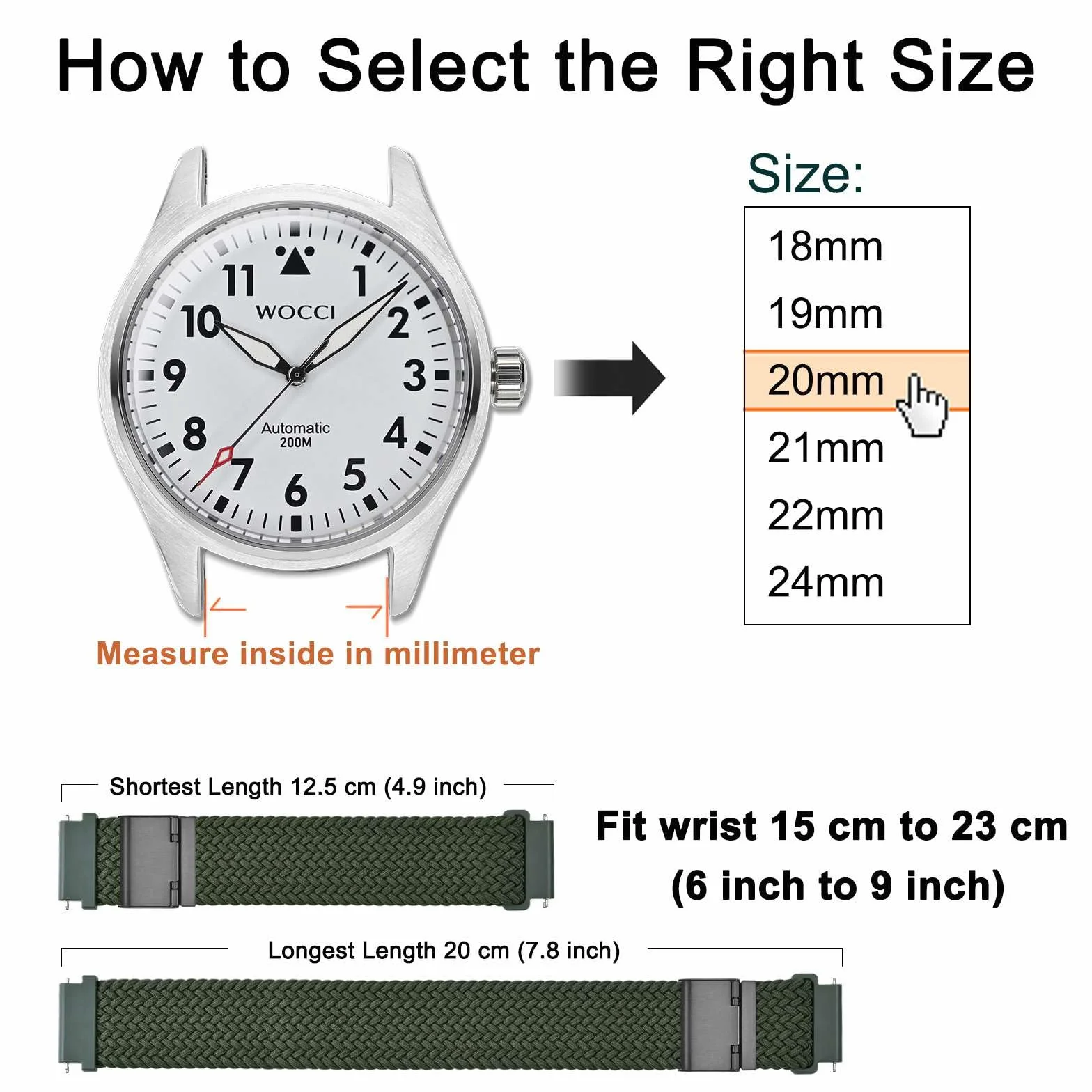 WOCCI Montre Tressée Nylon Homme Femme Boucle Réglable Dégagement Rapide Sangle Sport Tissée 18mm 19mm 20mm 21mm 22mm