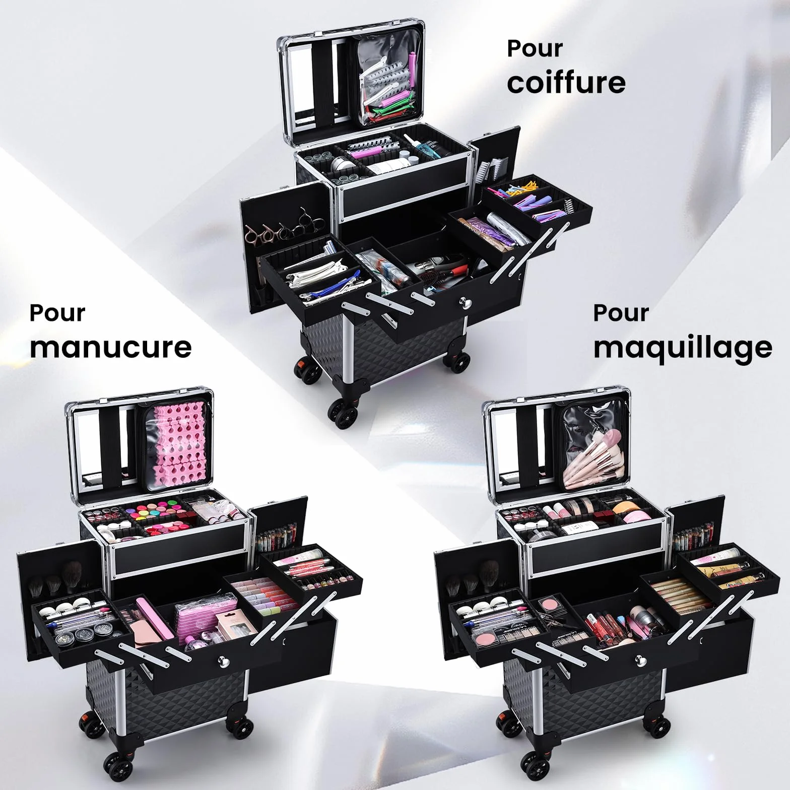 Valise de Maquillage Professionnelle à Roues avec Miroir et Tiroir Coulissant, Noir