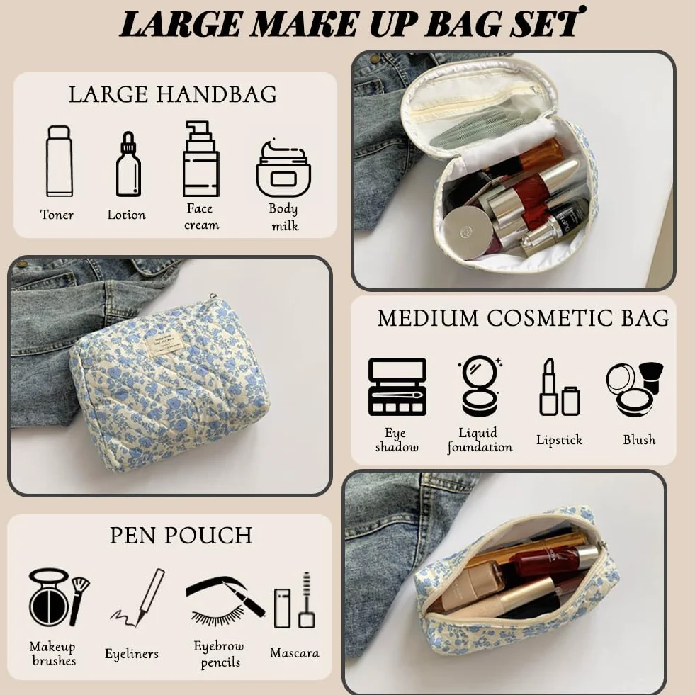 Aucuu Grande Trousse de Maquillage Coton Motif Floral Lot de 3 Voyage