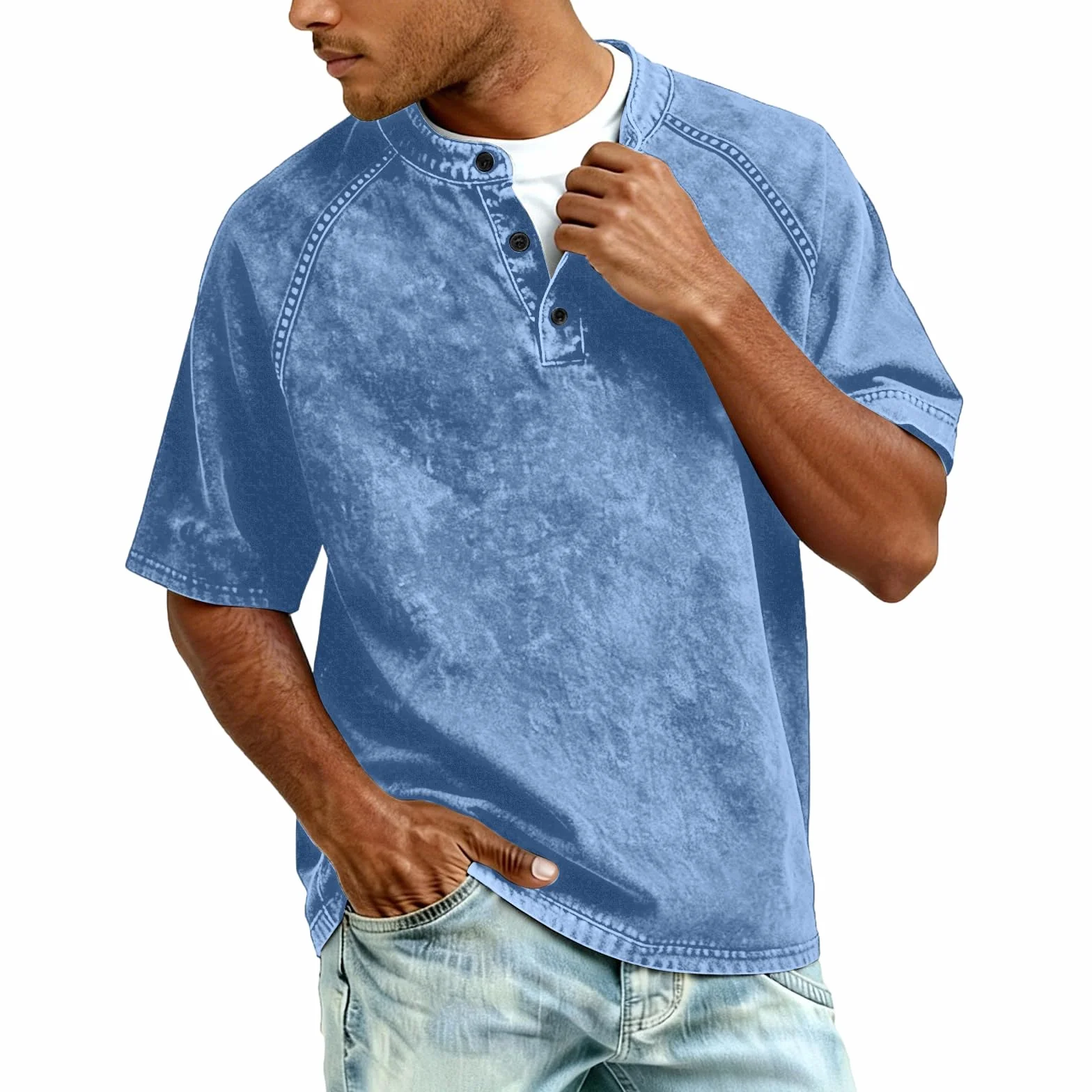 Henley T-Shirt Homme Coupe Ajustée Manches Courtes Vintage Distressed Oversize