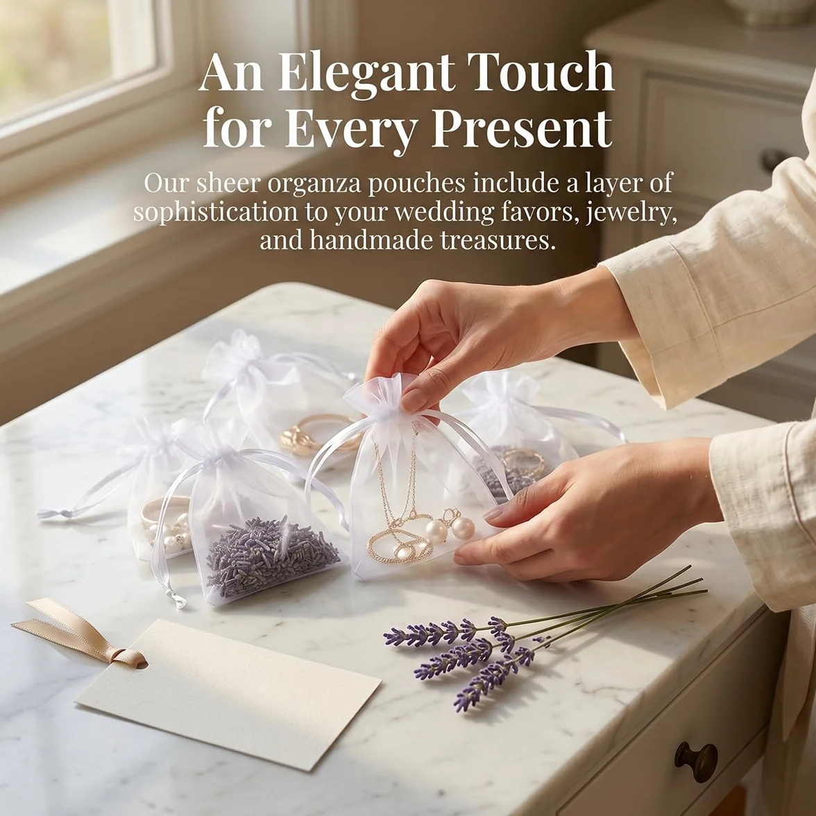 Sachets en Organza 100 Pièces 12x9 cm Pochettes Cadeau Bijoux avec Cordon Sac à Bijoux Mariage Anniversaire