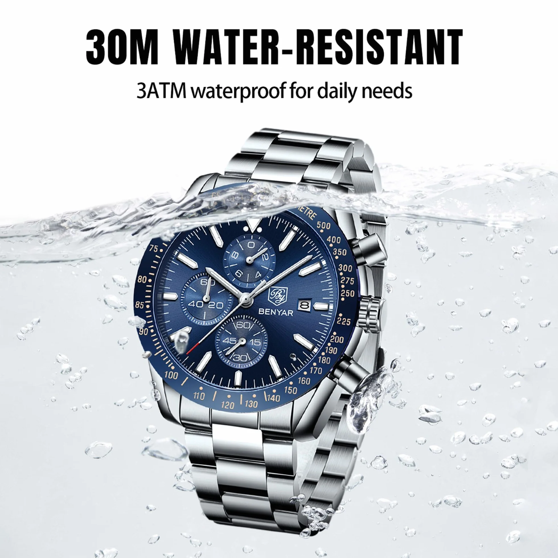 BENYAR Montre Homme Chronographe Analogique Quartz Etanche Date Grand Cadran Classique