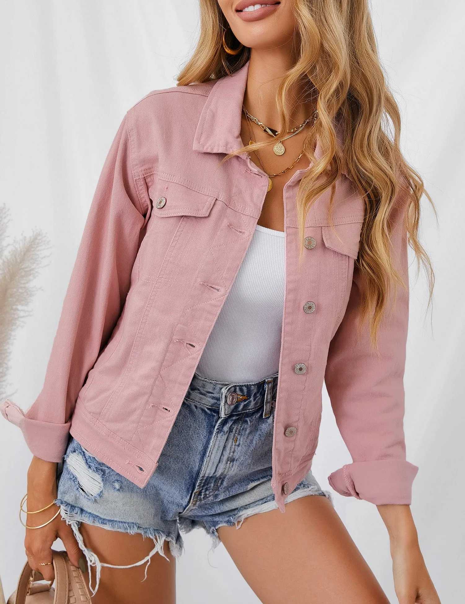 Roskiky Veste en jean, extensible, style camionneur, à manches longues, avec poche, pour femme
