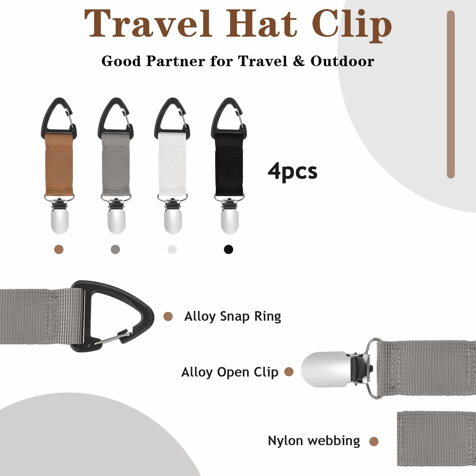 Mabor Lot de 4 pinces élastiques pour chapeau de voyage sac mains libres accessoires sac à dos bagages voyage plein air