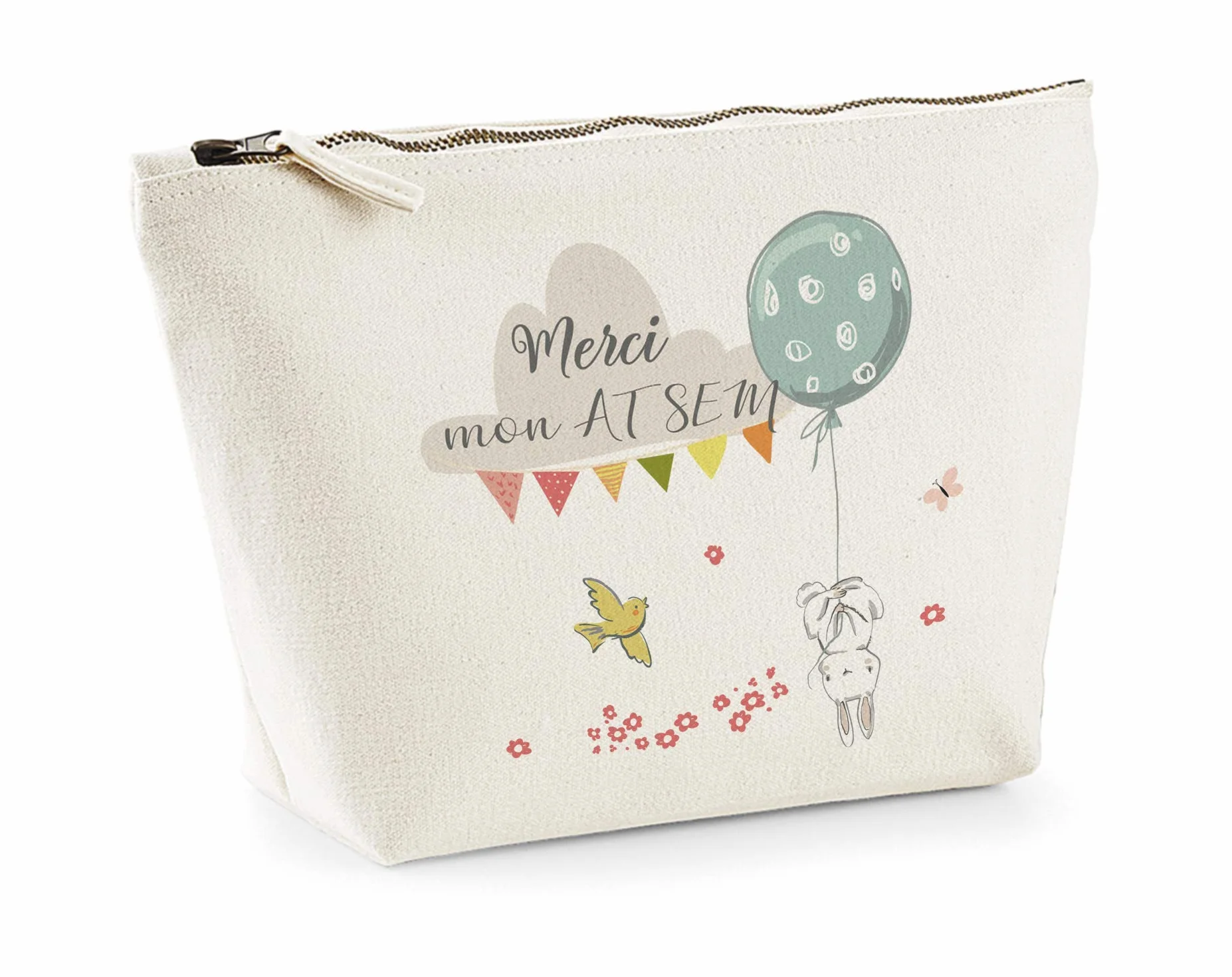 Trousse imprimée Merci mon ATSEM en coton bio, cadeau atsem, trousse lapin, cadeau fin d'année
