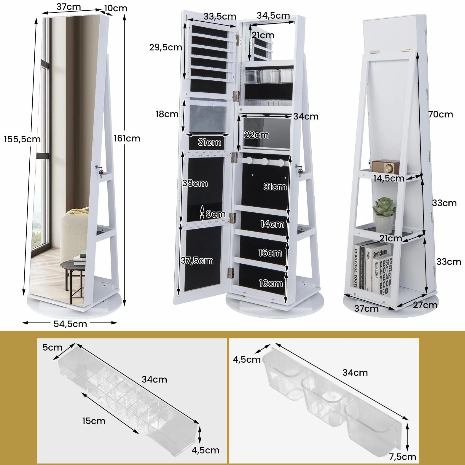 GOPLUS Armoire à Bijoux avec Miroir sur Pied, Rotative 360° Lumière LED 3 Couleurs, Verrouillable, Blanc