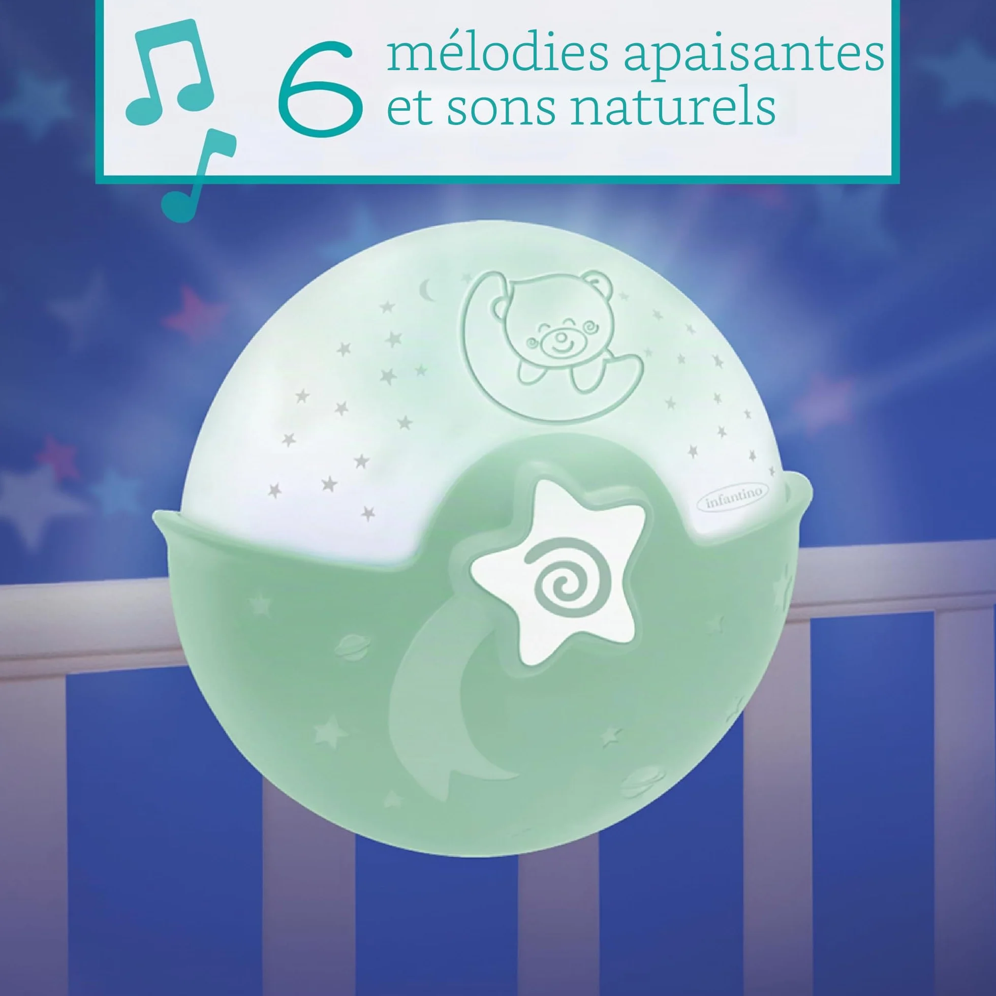 Infantino Lumière Apaisante et Projecteur Veilleuse à Clipser Grow-With-Me Projecteur de Nuit Étoilée Lampe de Table avec Mélodies Capteurs Sonores Sauge