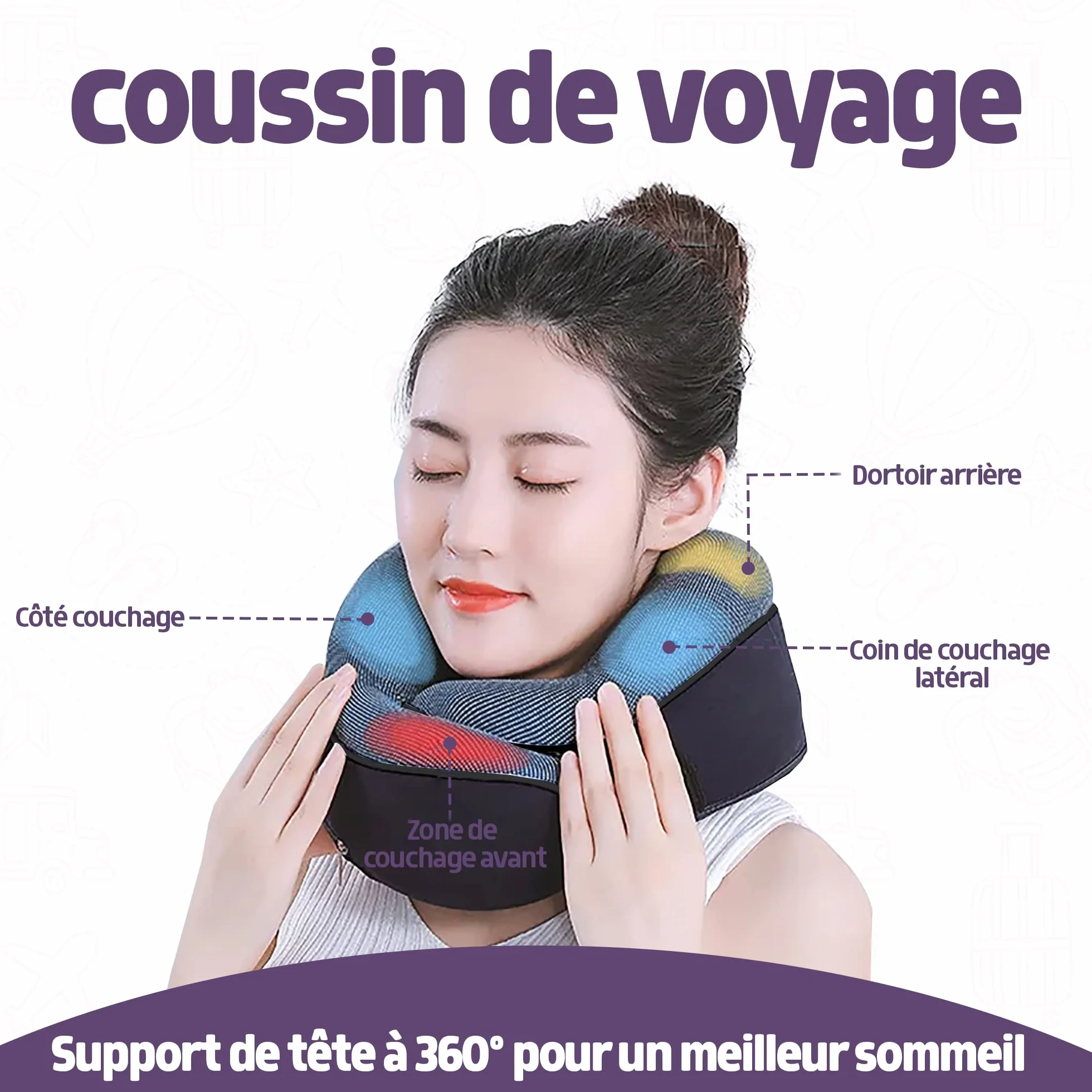Kit Voyage 2 Personnes Gris 2 Coussins Mémoire de Forme 2 Masques Sommeil 2 Bouchons Anti-Bruit Oreiller Cervical Confort Avion Train