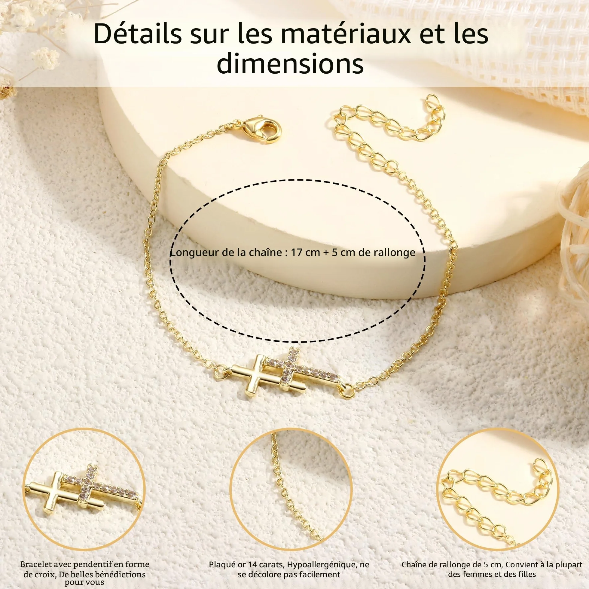 Bracelet Femme Or Plaqué 14K Réglable Chaîne Doré Croix