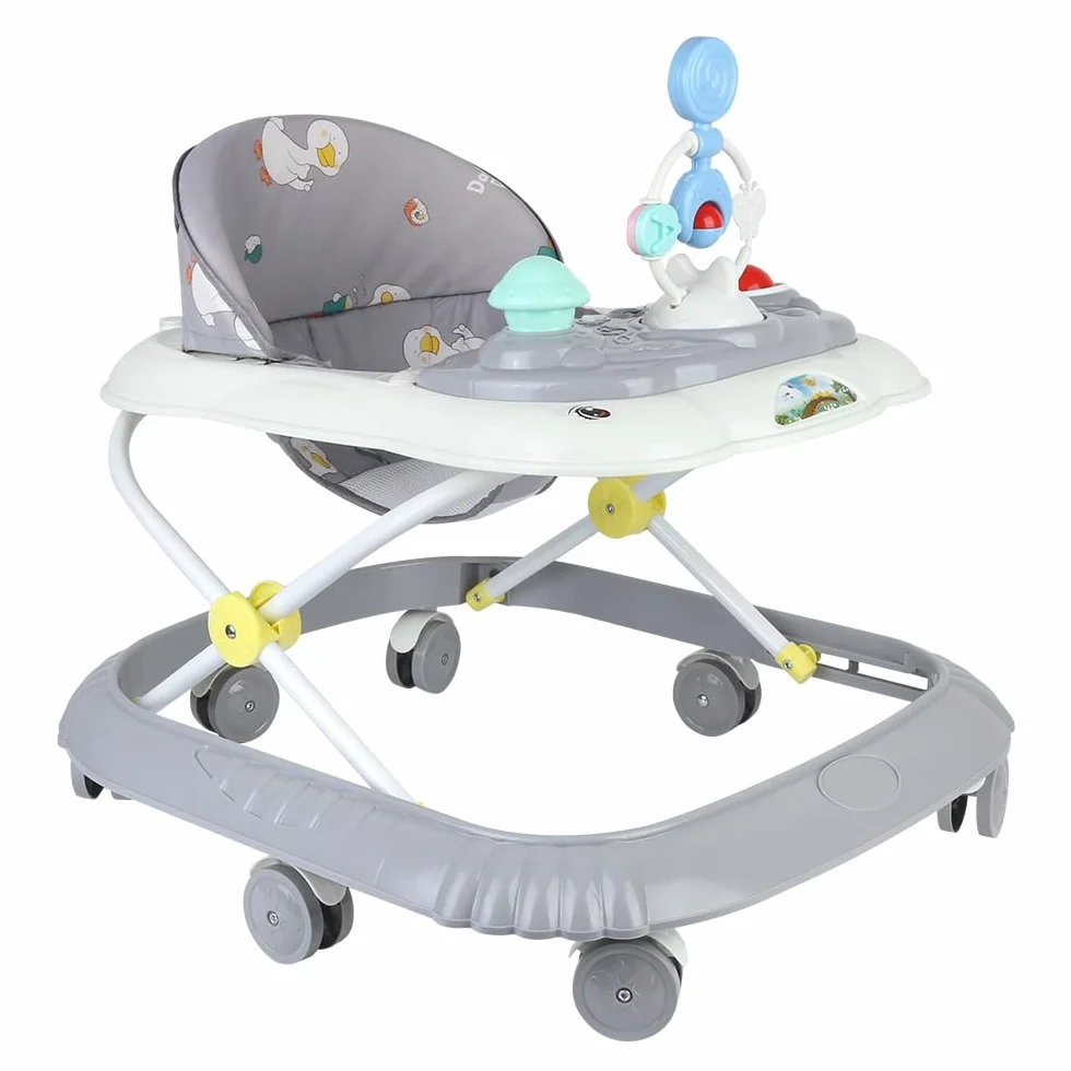 Trotteur Bébé Pliable avec Plateau Musical Réglable en Hauteur, 4 Niveaux, Coussin Amovible et Lavable, 58x55x65 cm Gris