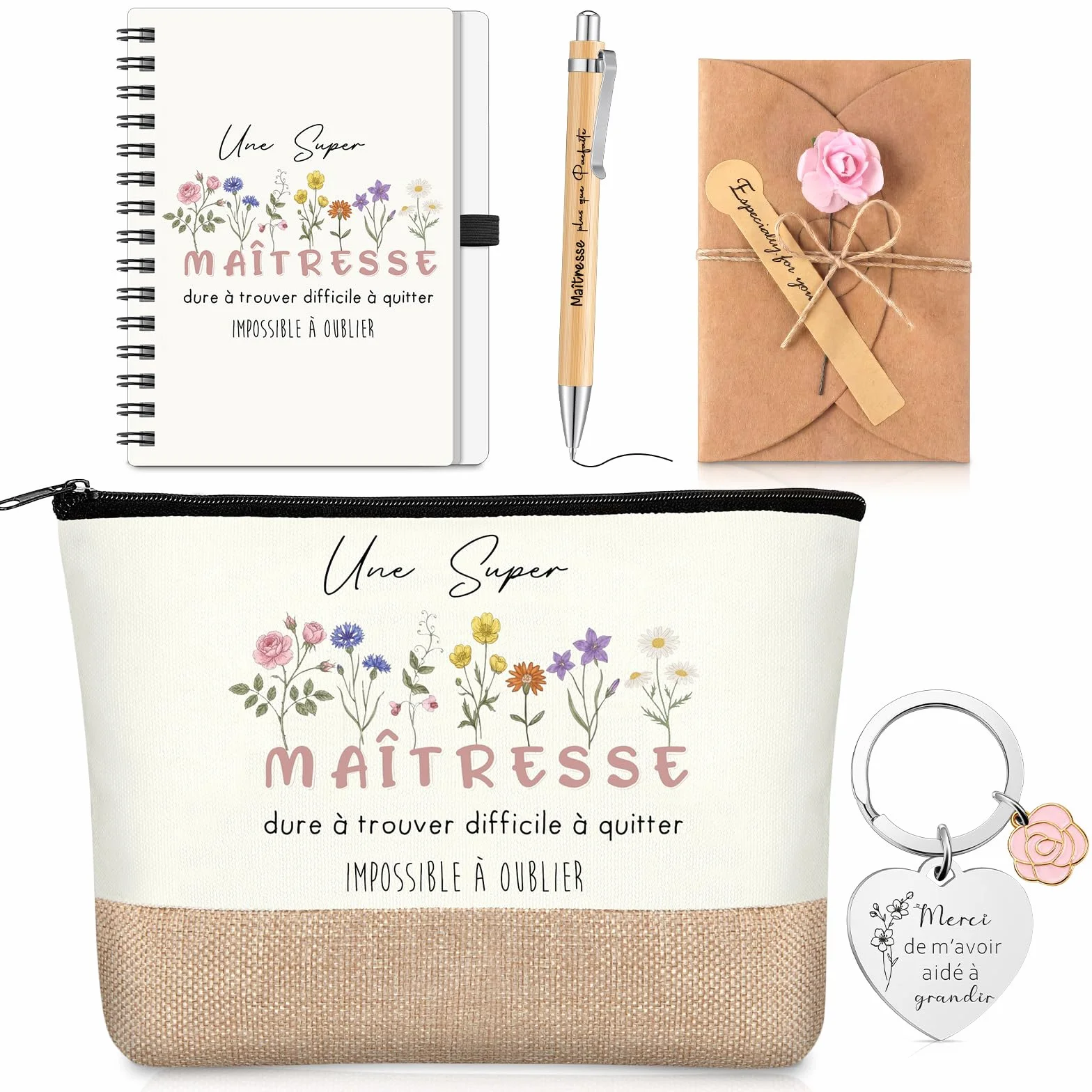 BBTO Trousse de Maquillage Porte-Clés Stylo à Bille Carnet Carte Cadeau pour Maîtresse Maternelle Enseignante Professeur Aesh