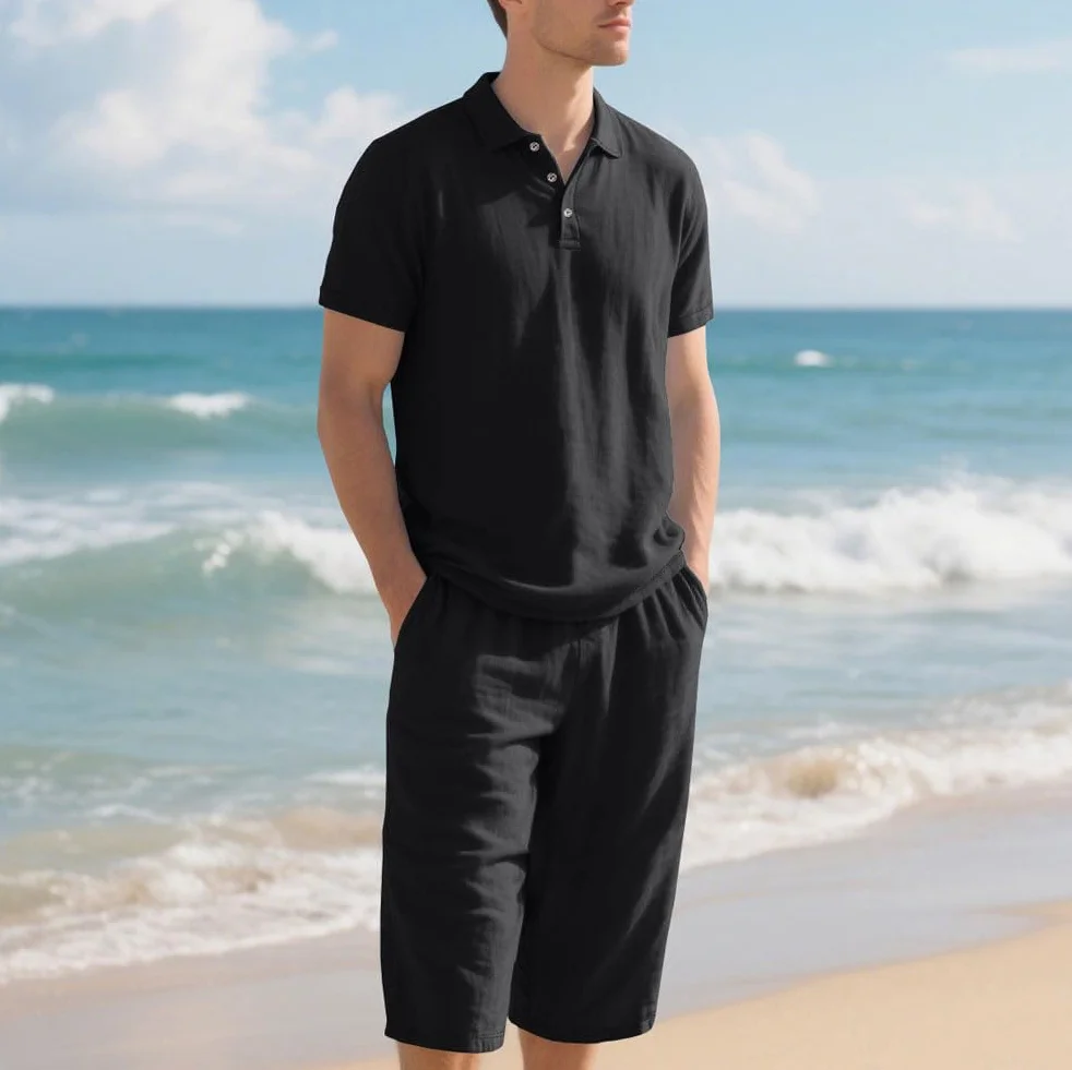 Ensemble en Lin 2 Pièce Chemise T-Shirt Manches Courtes Shorts Jogging Pantacourt 3/4 Capri Été Élastique Plage