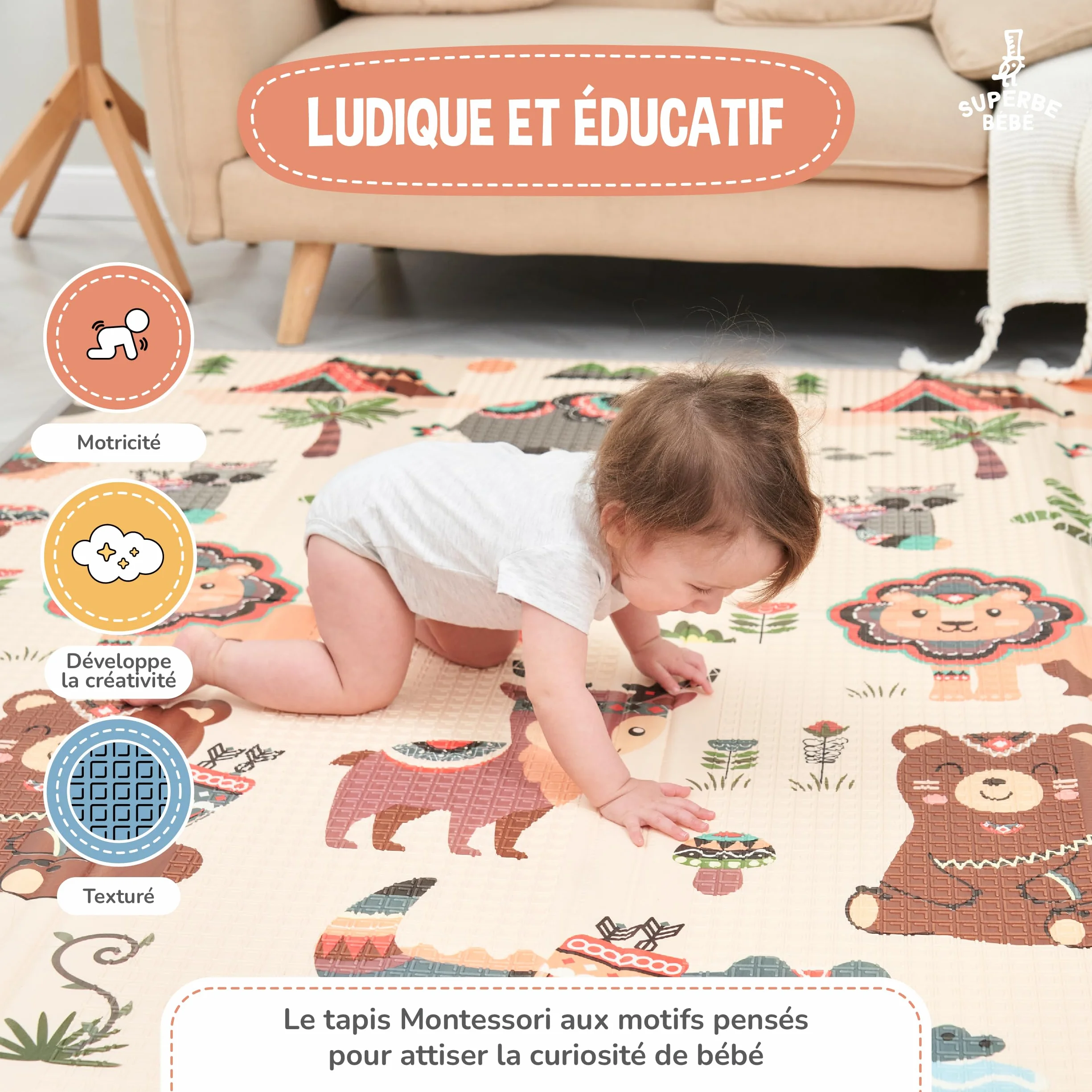 Tapis D'éveil Bébé Pliable Epais Réversible 180x200x1.5cm - Tapis De Jeu XXL En Mousse - Tapis De Motricité Sensoriel