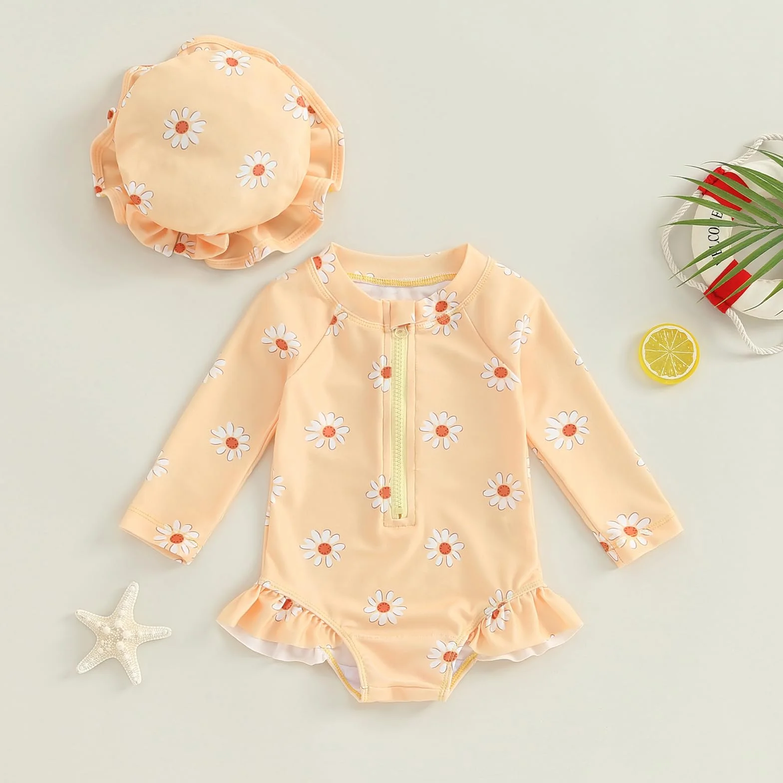 Carolilly Maillot de Bain Une Pièce Bébé Fille à Volant Imprimé Floral Anti-UV Manches Longues avec Chapeau 6 Mois à 3 Ans