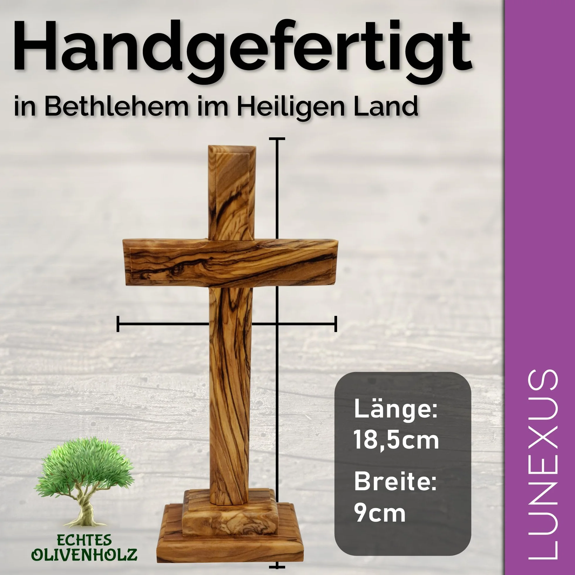 Croix sur pied en bois d'olivier 18,5 cm - Fabriquée à la main à Bethléem - Certificat de consécration - Croix de table chrétienne - Cadeau de baptême communion