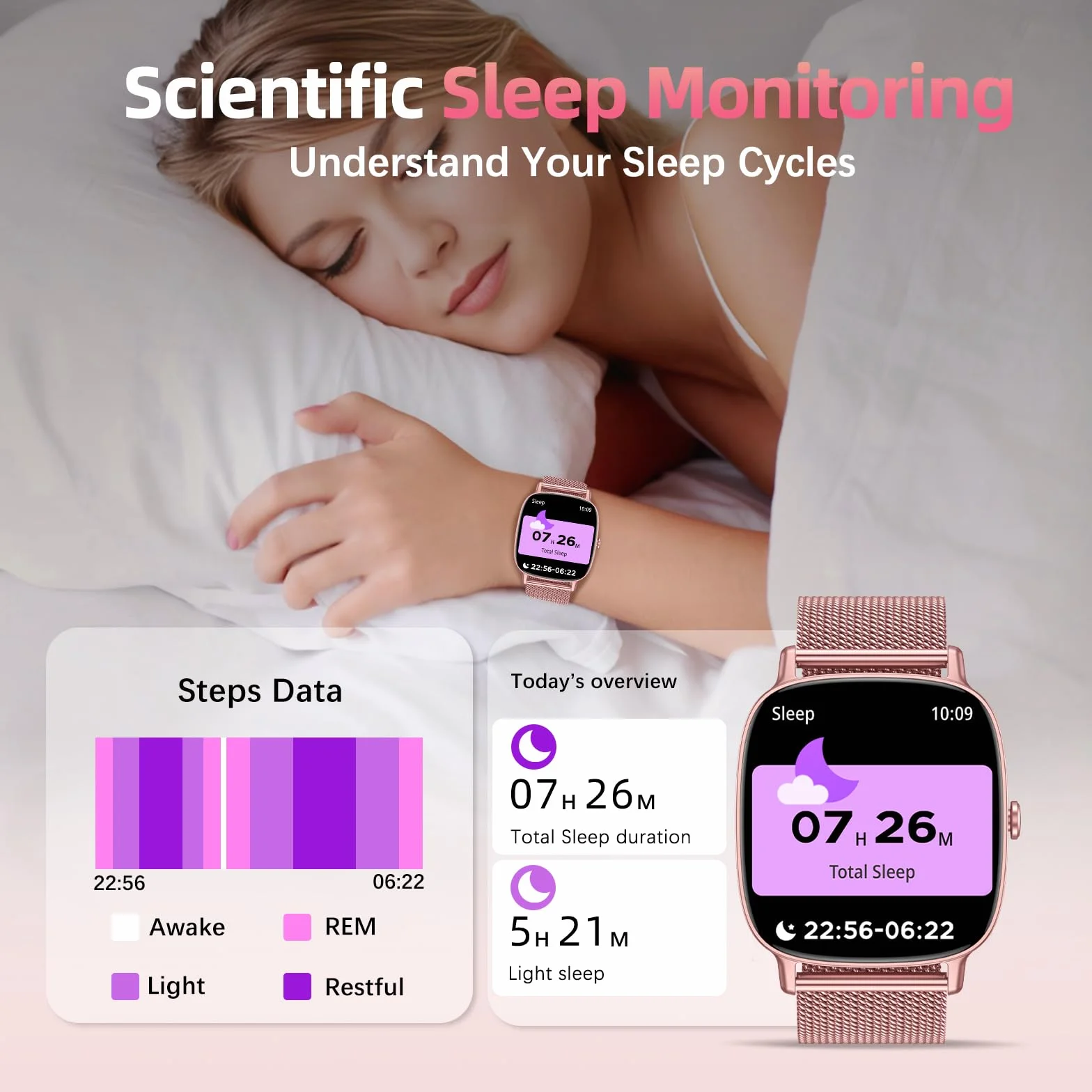 Montre connectée Femme 1,85 Pouces IP68 Cardiofréquencemètre Podomètre Rose