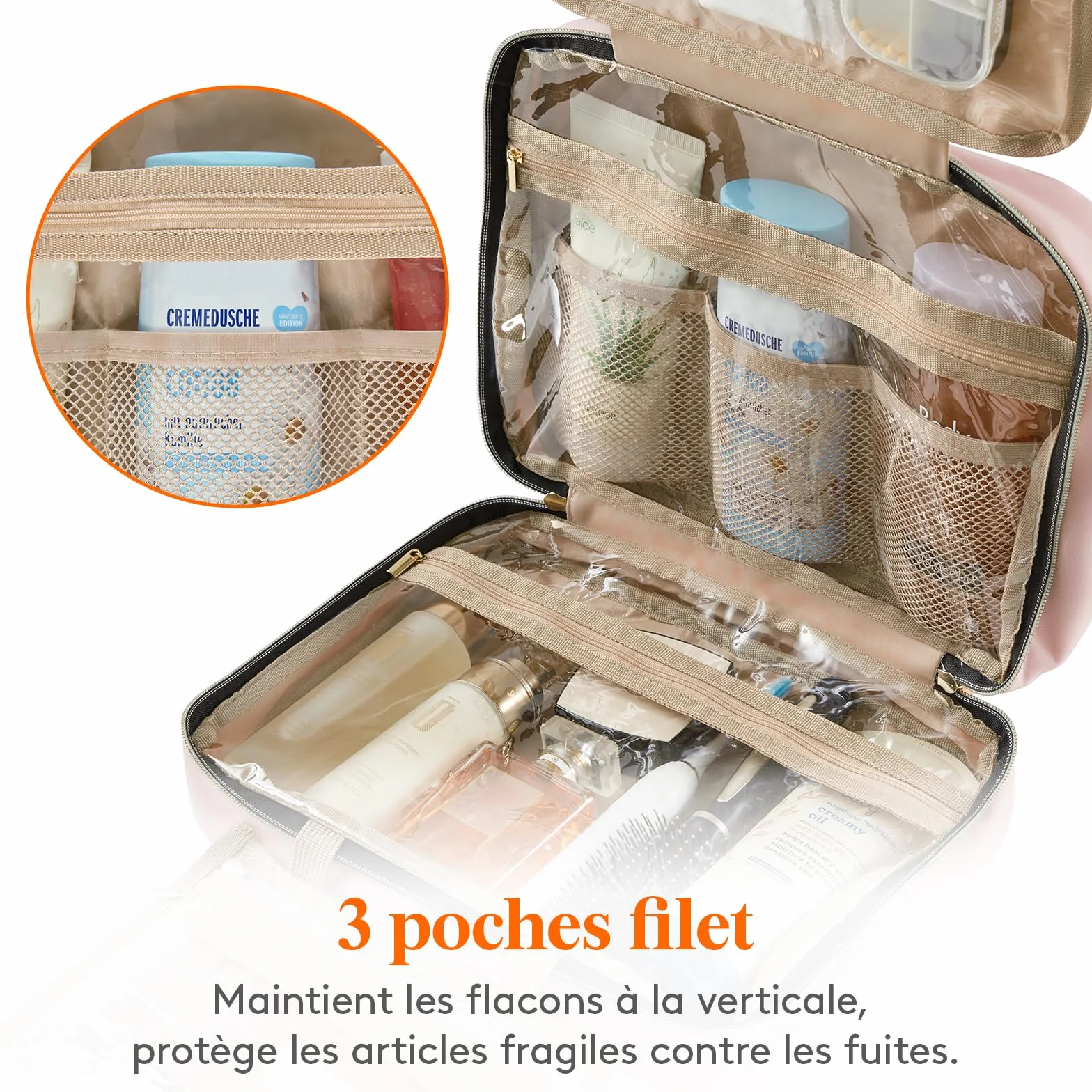 Lifewit Trousse de Toilette Femme Voyage Grande Suspendre avec Crochet, Vanity Maquillage 4 Compartiments Transparent, Rose