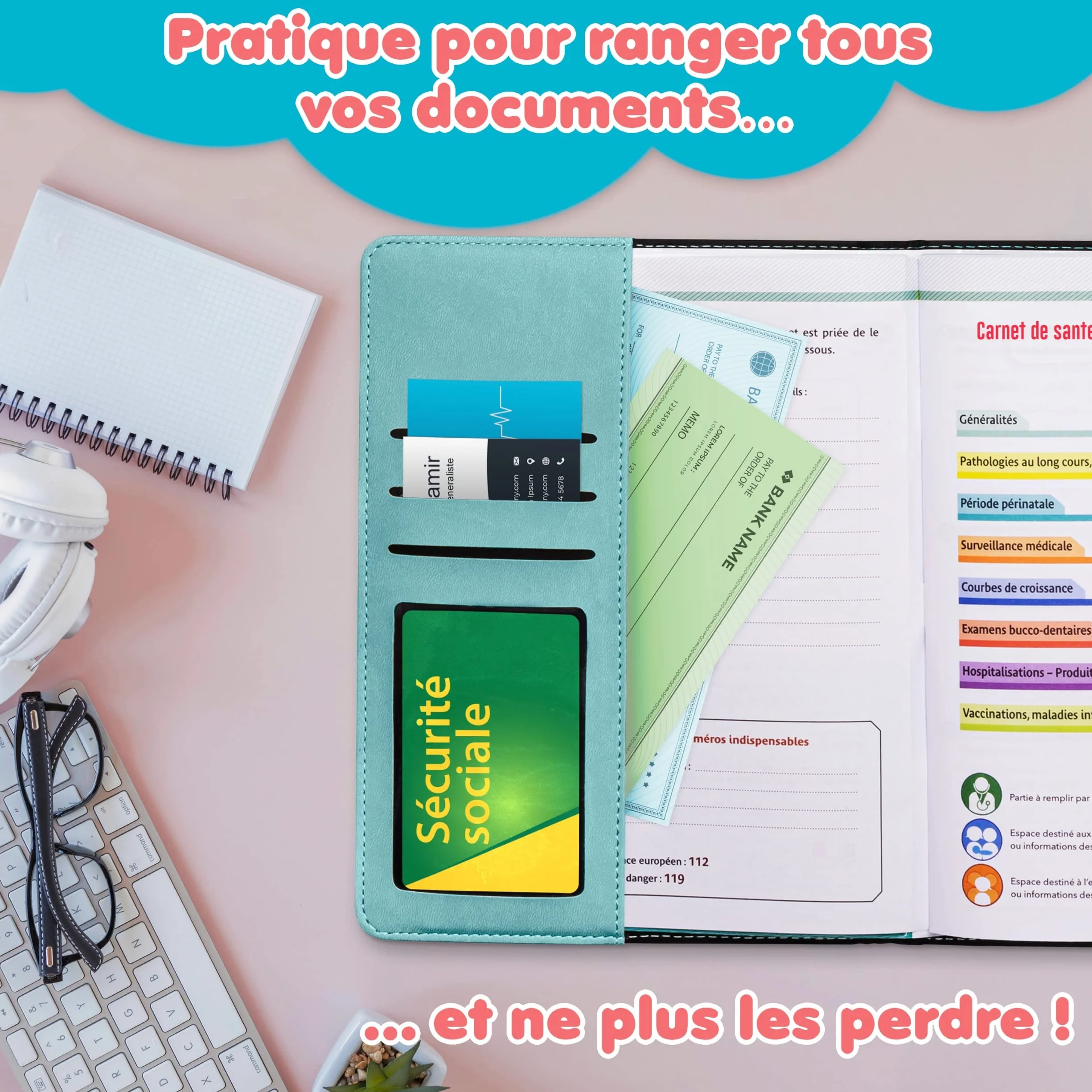 Protege carnet de sante bebe enfant personnalise Garcon avec STYLO Couverture carnet Pochette ordonnance carte vitale BONUS autocollants Coffret cadeau naissance original