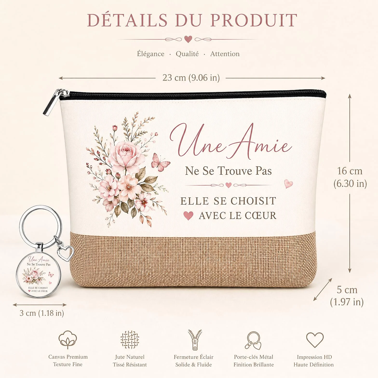 Trousse de Maquillage et Porte Clés 2 Pièces Cadeau Amie Femme Pochette Voyage avec Message Amitié