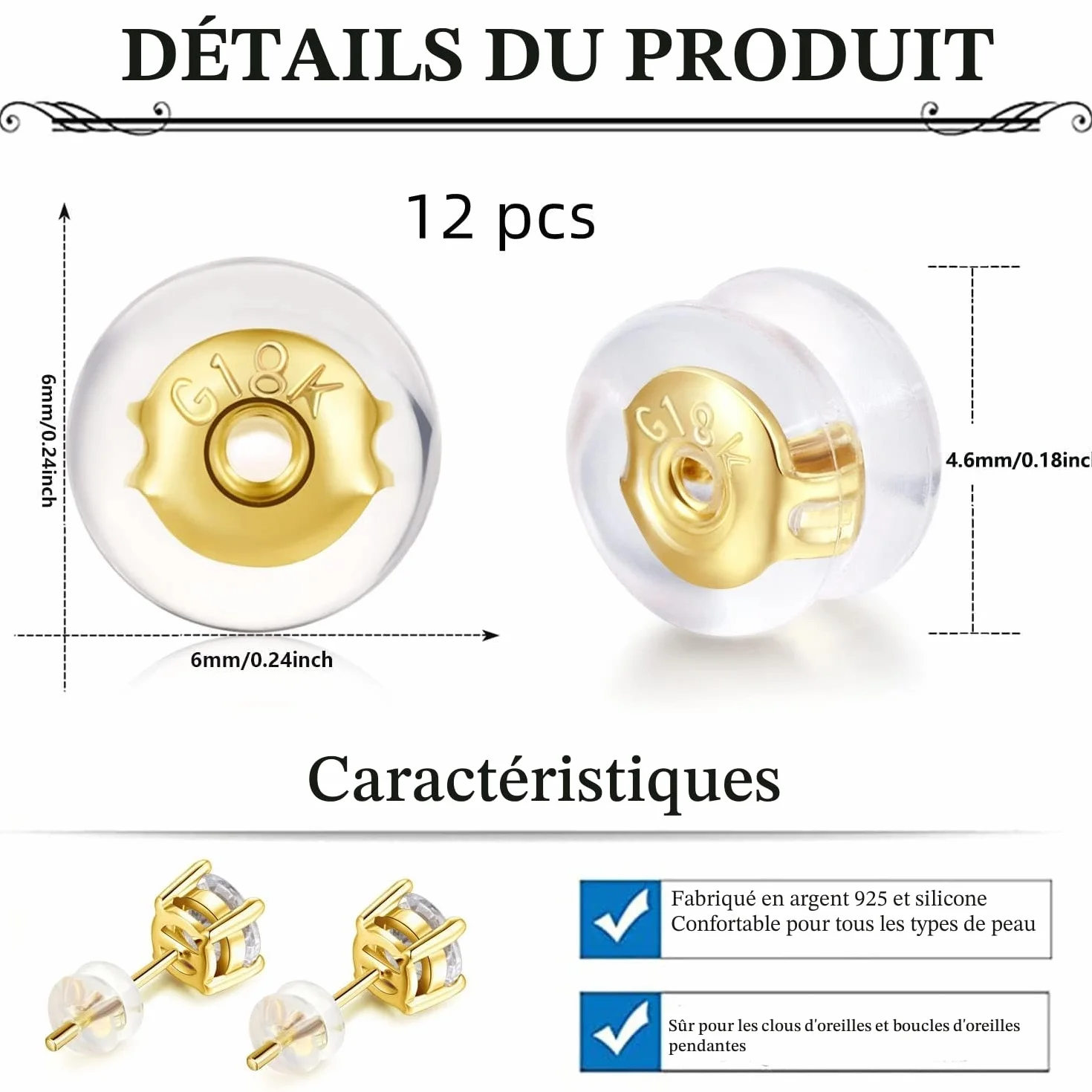 Boucles d'oreilles sécurisées en or 18 carats avec coussinets en silicone