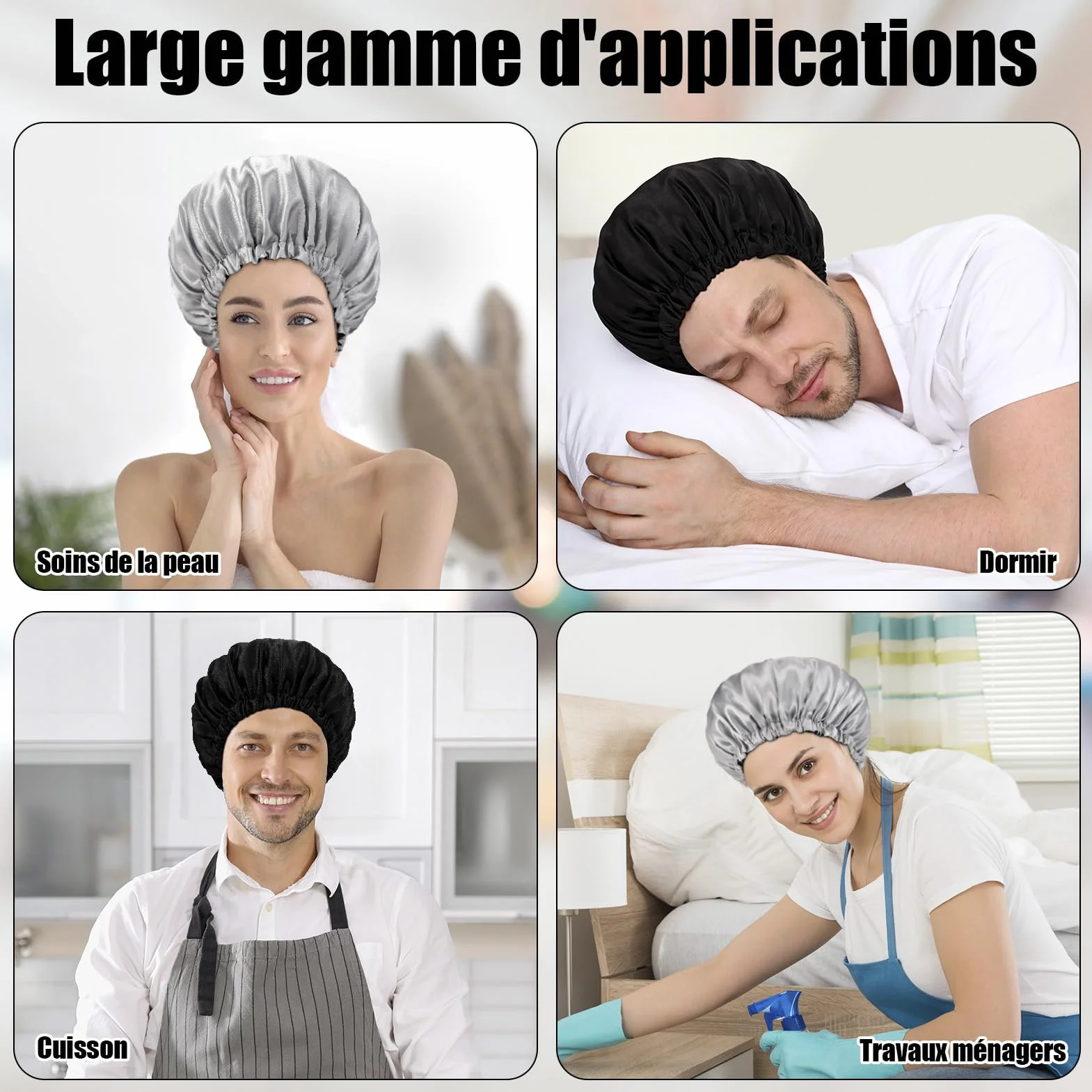 Bonnet en Satin pour Cheveux Nuit Homme Femme Respirant Ajustable Élastique Antidérapant, Bleu + Argent/Noir + Gris