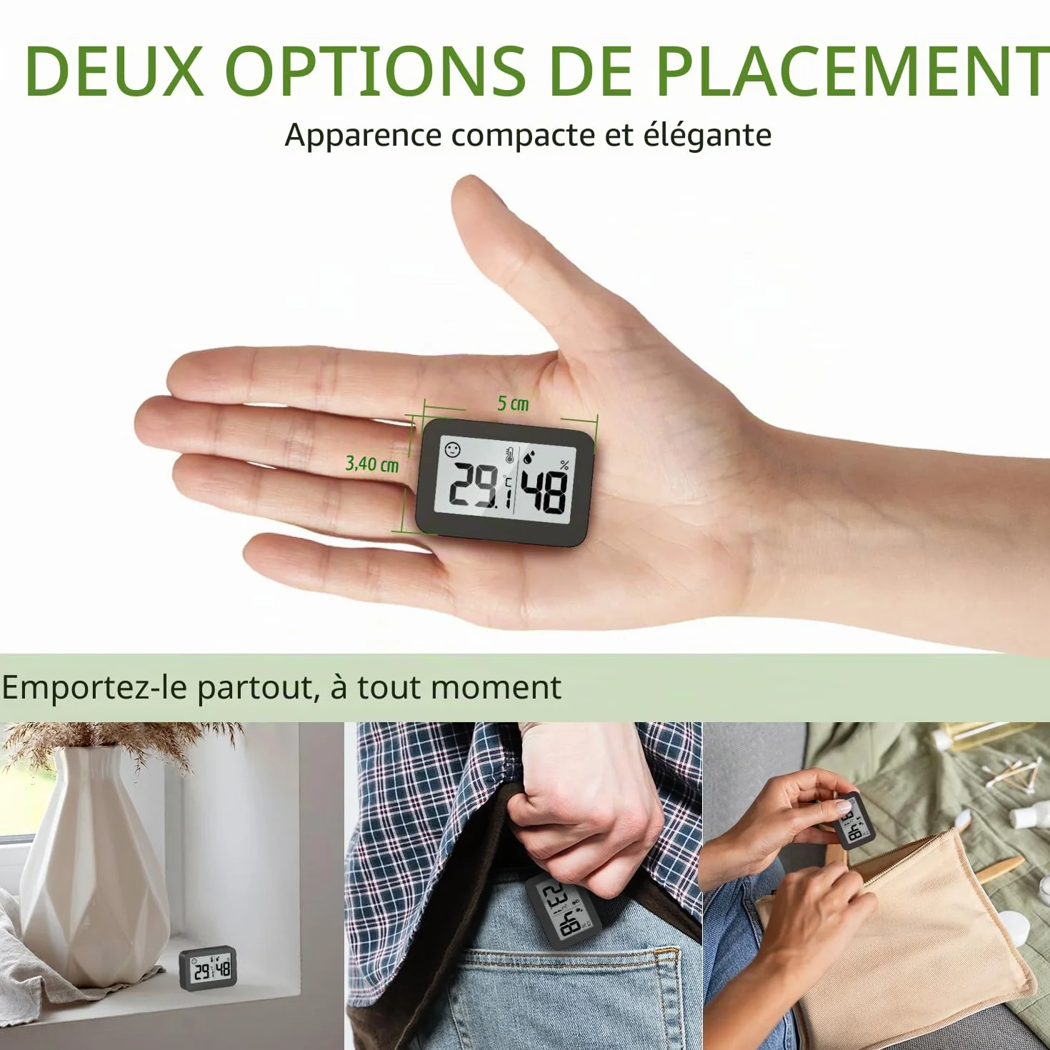 Mini hygromètre thermomètre d'intérieur, jauge d'humidité avec ℃, moniteur de température numérique pour serre (2, Noir, 5cm)