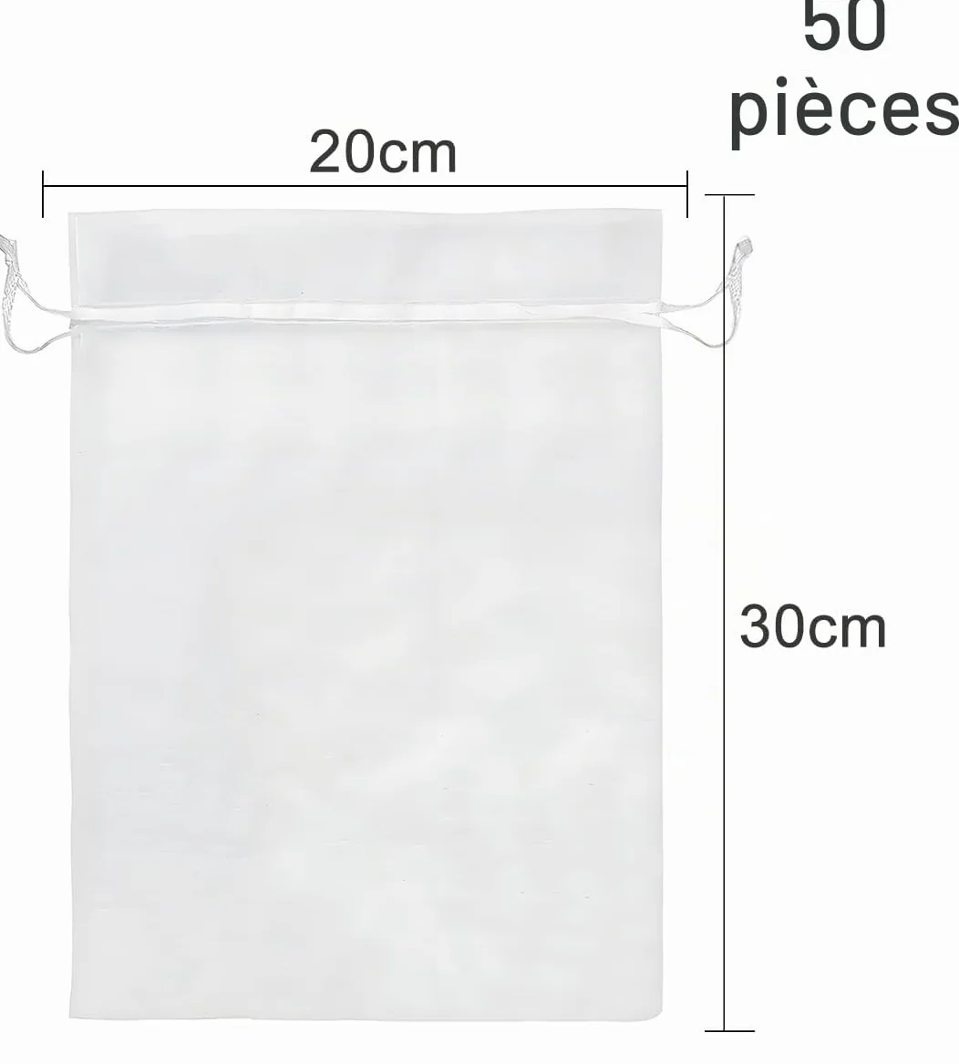 Sacs Cadeau en Organza 20 x 30 cm Blanc, Pochette Bijoux 50 Pièces