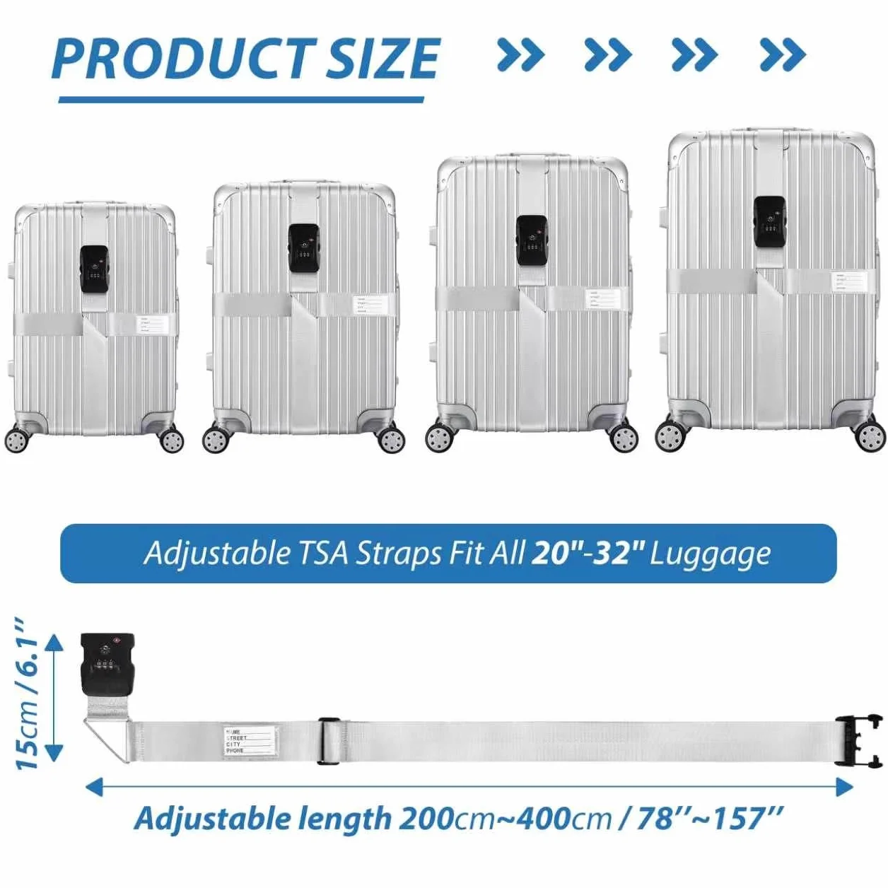Sangles de Bagages Croisées avec Serrure TSA et Étiquette Nominative, Accessoires de Voyage Visibles et Sécurisés (Argent)