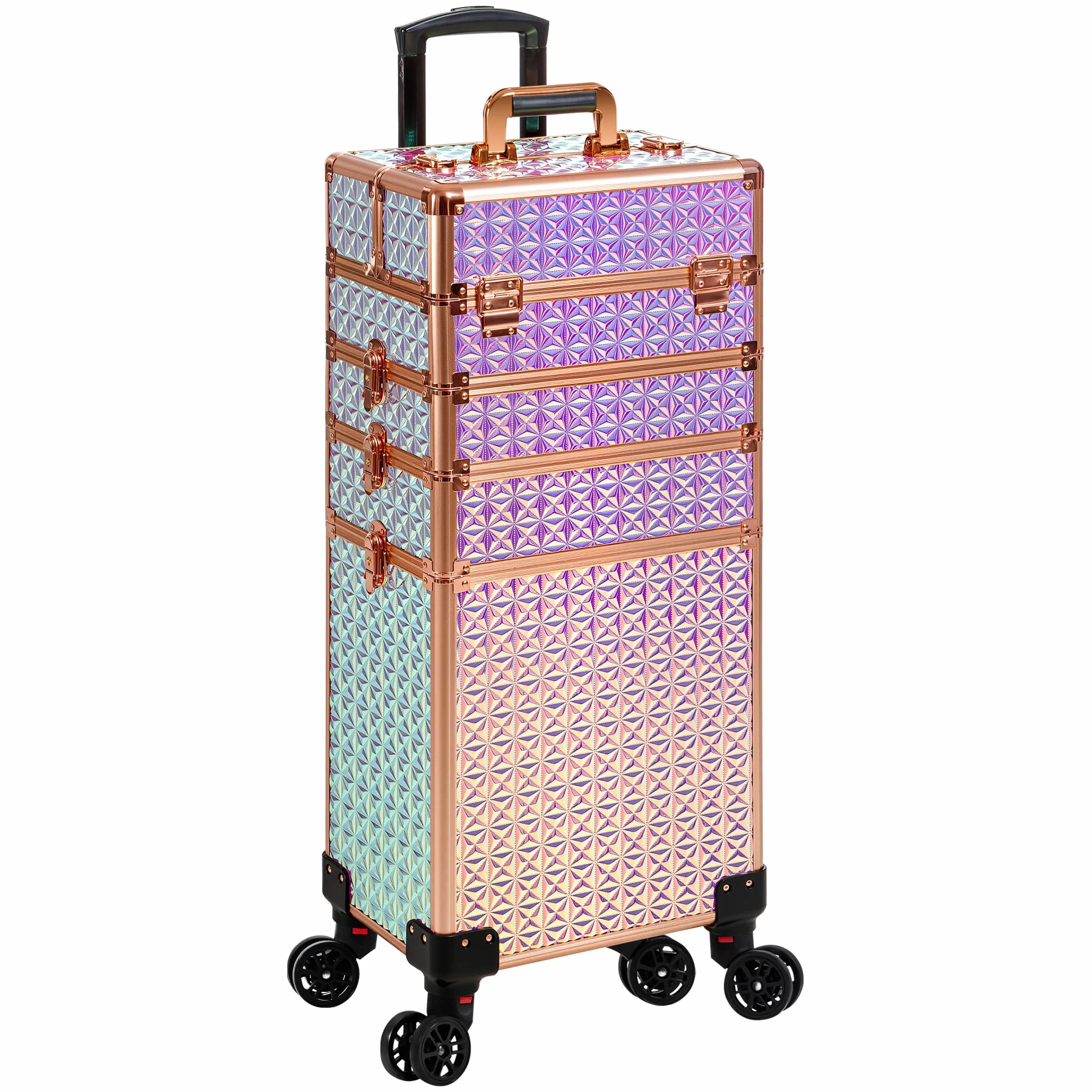 Mallette de maquillage professionnelle en aluminium 5 en 1 avec roulettes pivotantes 360°