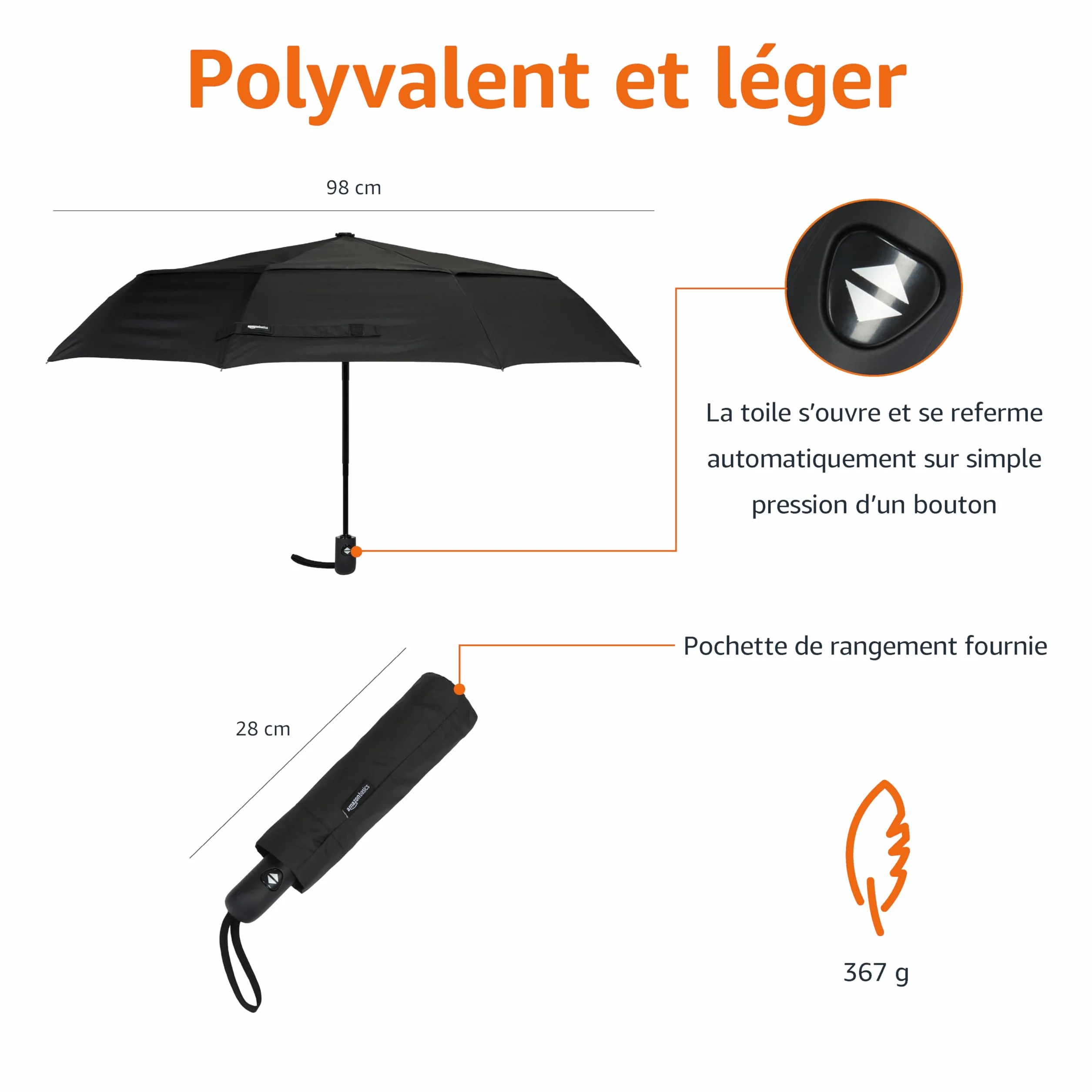 Amazon Basics Parapluie de voyage automatique compact 98 cm, résistant au vent, avec aération, noir