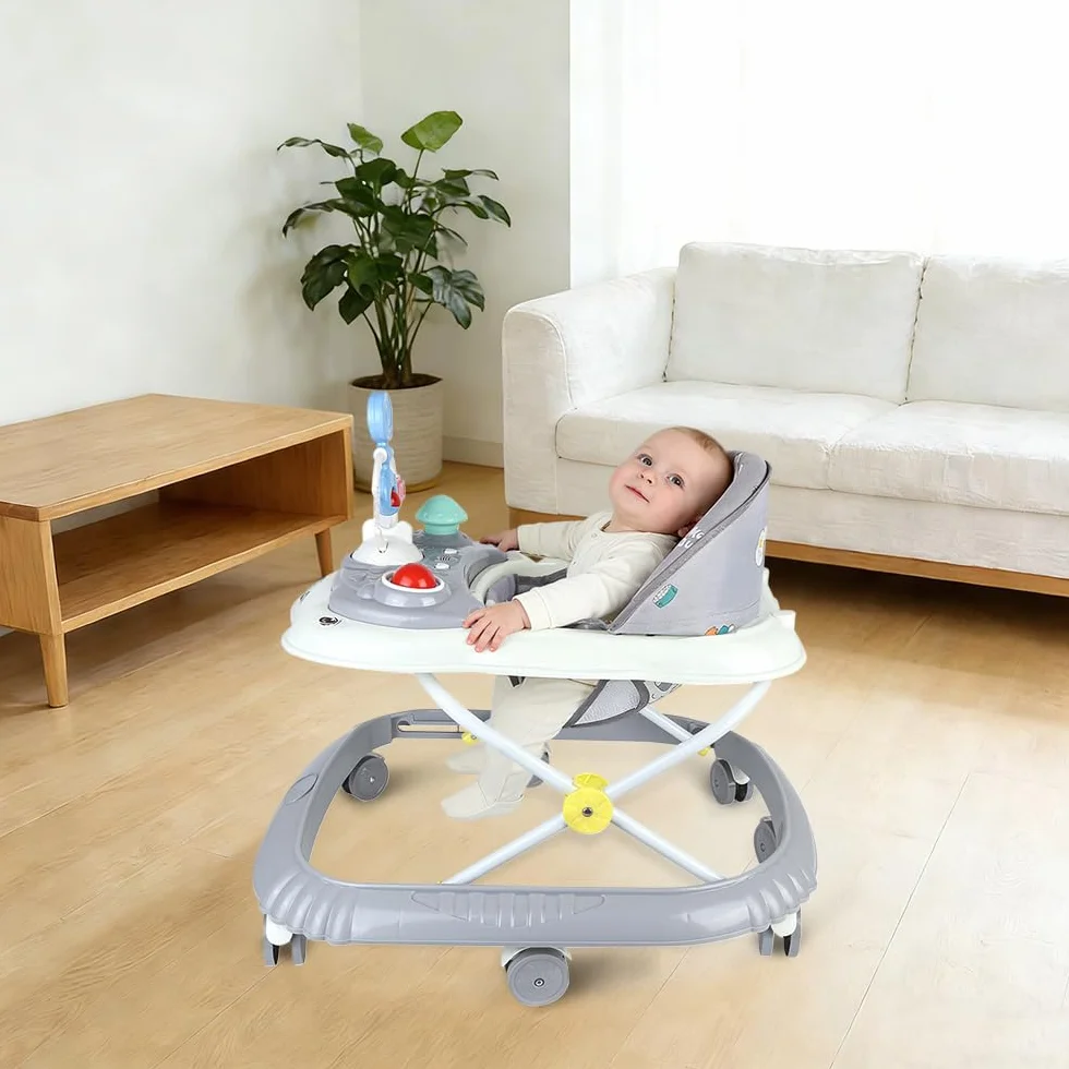 Trotteur Bébé 4 en 1 Pliable avec Plateau d'Activités Musical, 4 Hauteurs Réglables, Gris 58x55x65 cm