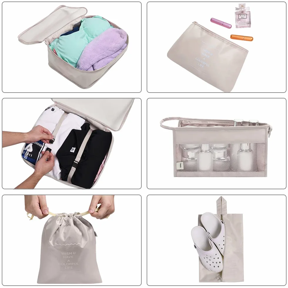 OSDUE Organisateur Valise Lot de 8 Cubes Étanche Sacs de Voyage Rangement Beige