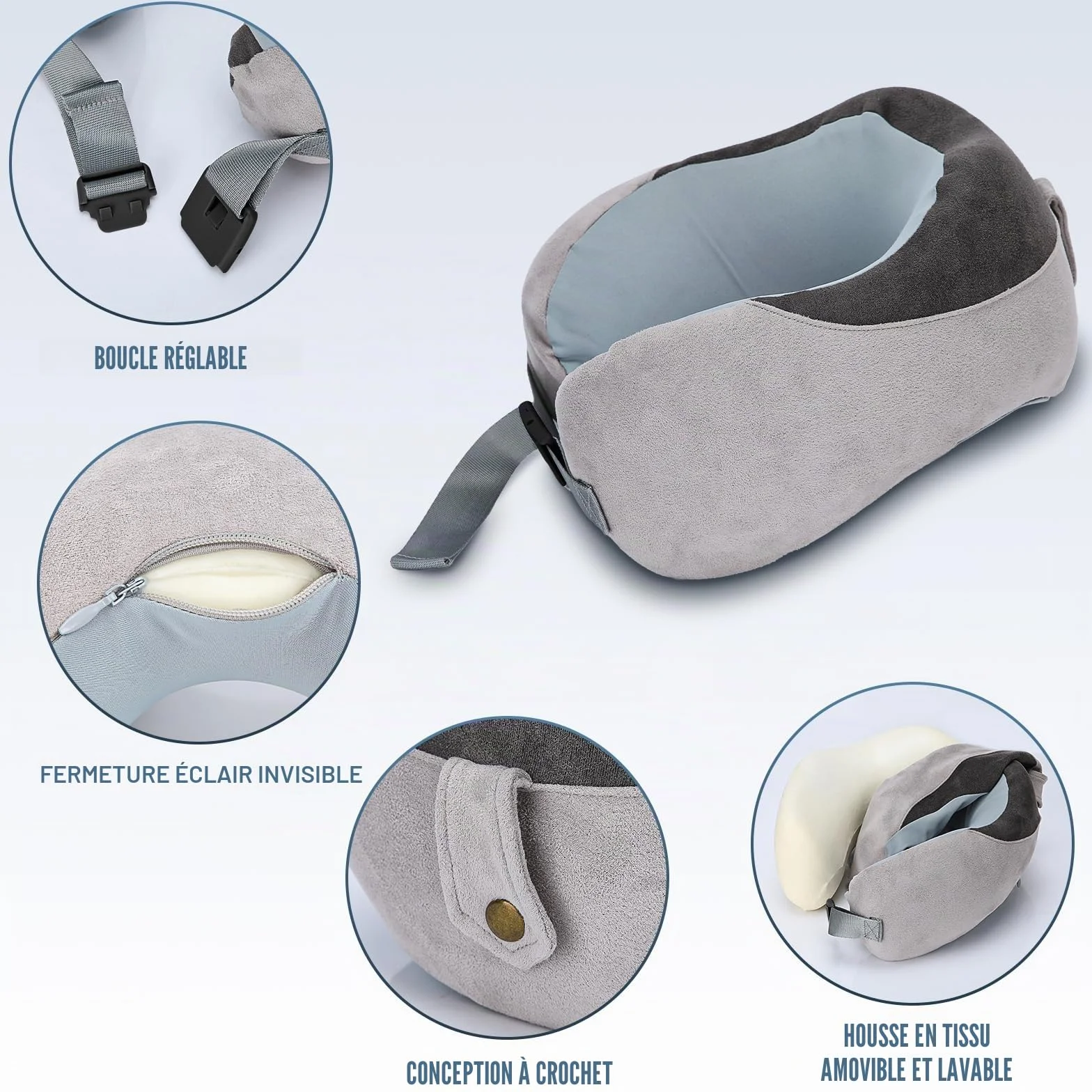 Oreiller de Voyage pour Avion en Mousse à Mémoire de Forme, Coussin Avion Soie de Glace Réglable avec Sac de Rangement (Gris)