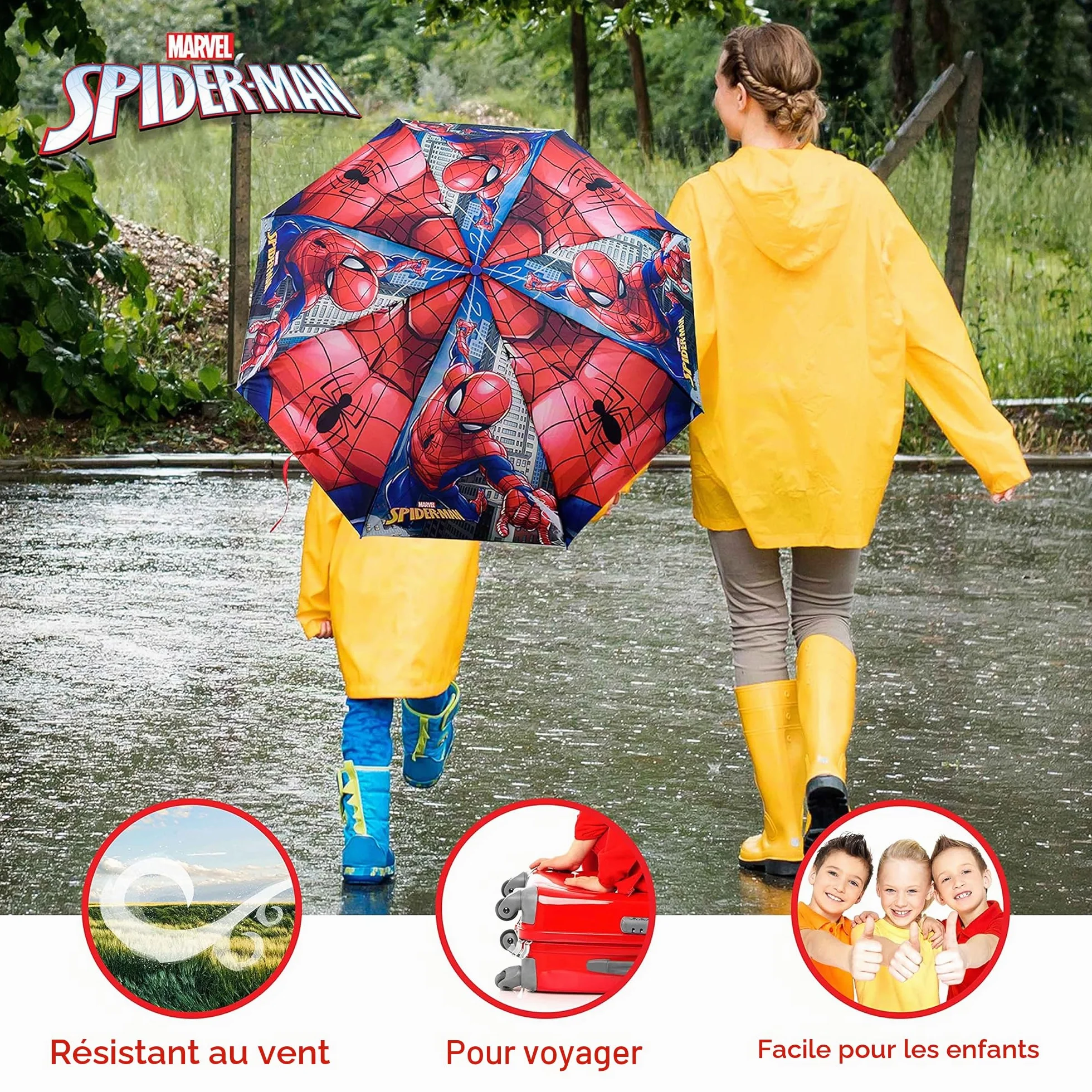 BONNYCO Parapluie Enfant Spiderman Pliant Compact Structure Renforcée Anti Tempête