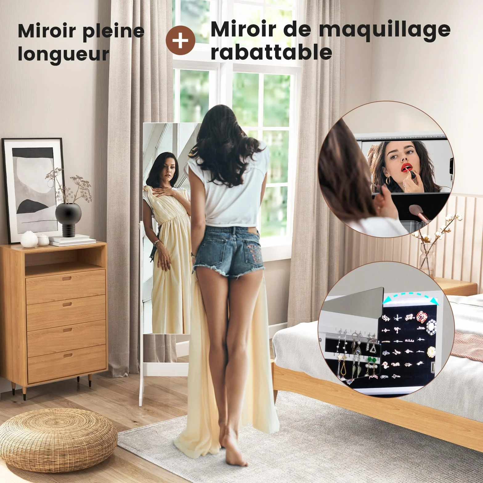 COSTWAY Armoire à Bijoux sur Pied avec Miroir Pleine Longueur, LED 3 Couleurs, Verrouillable, Blanc