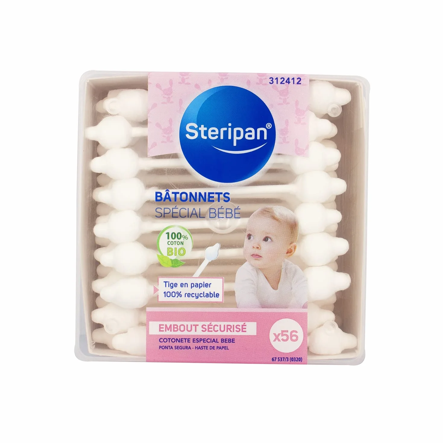 Bâtonnets Spécial Bébé 100% Coton Bio Tige en Papier Recyclable x56