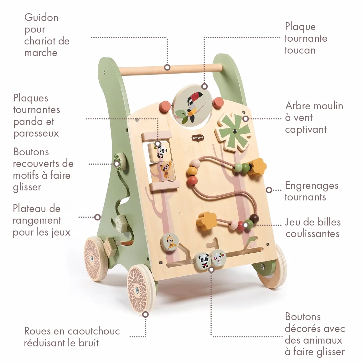 Tiny Love Chariot de Marche en Bois 2-en-1 Trotteur d'Activités pour Bébé, 12 Activités Interactives, Dès 18 Mois