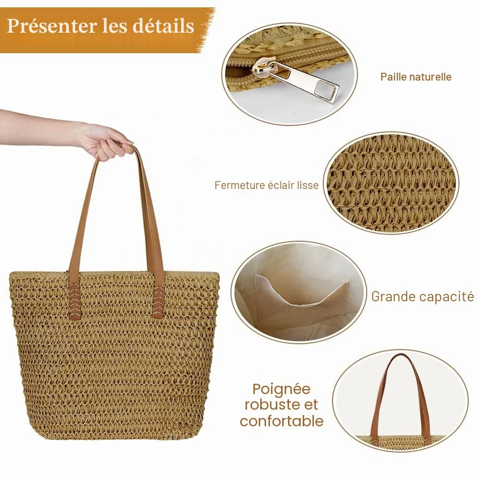 Sac à bandoulière en paille pour femme, grand sac de plage à fermeture éclair, fourre-tout bohème d'été