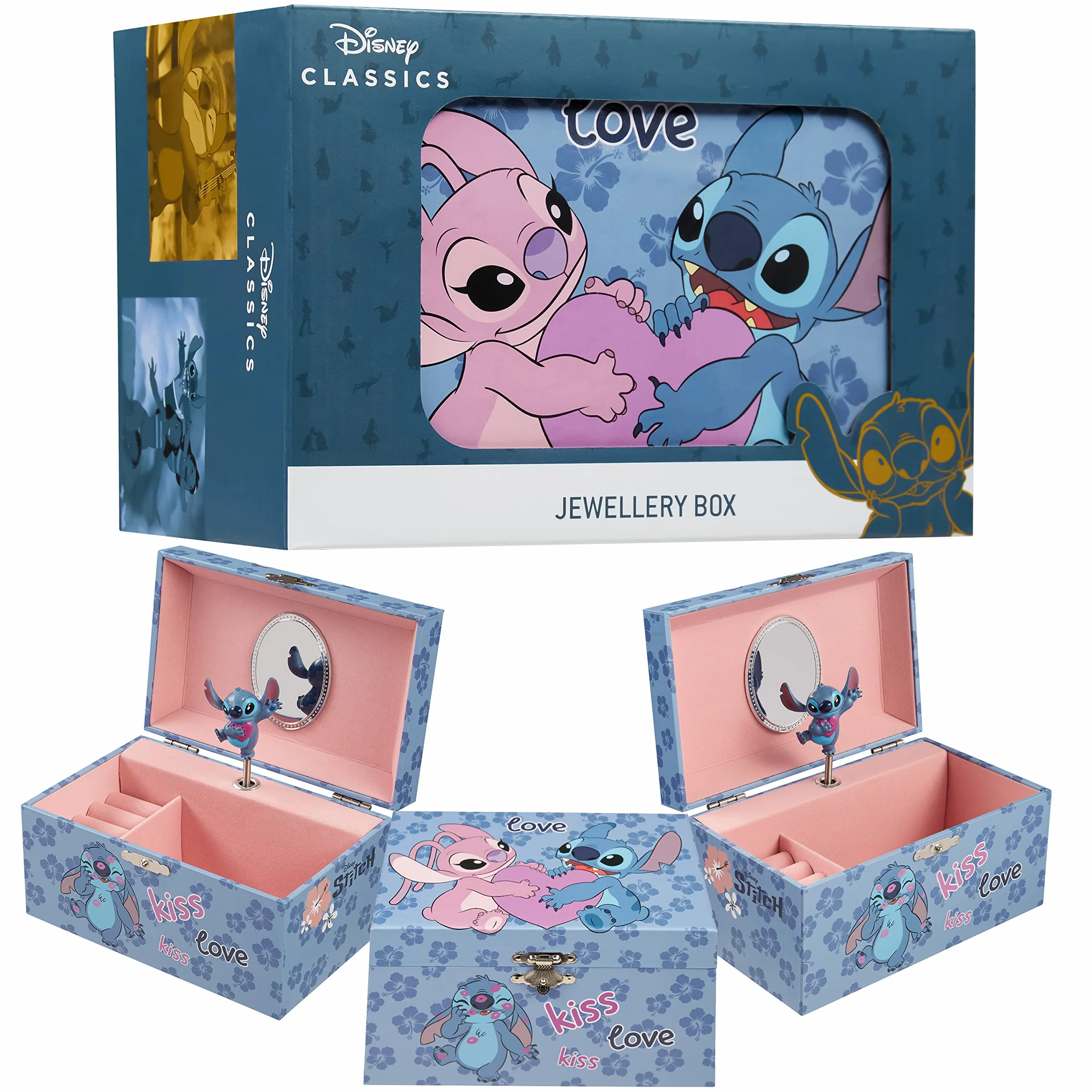 Disney Stitch Boîte à Bijoux Musicale pour Fille, Boite Souvenir à Remontoir Personnage Tournant, Rangement Bague, Déco Chambre, Cadeau Fille ou Ado (Bleu Stitch)