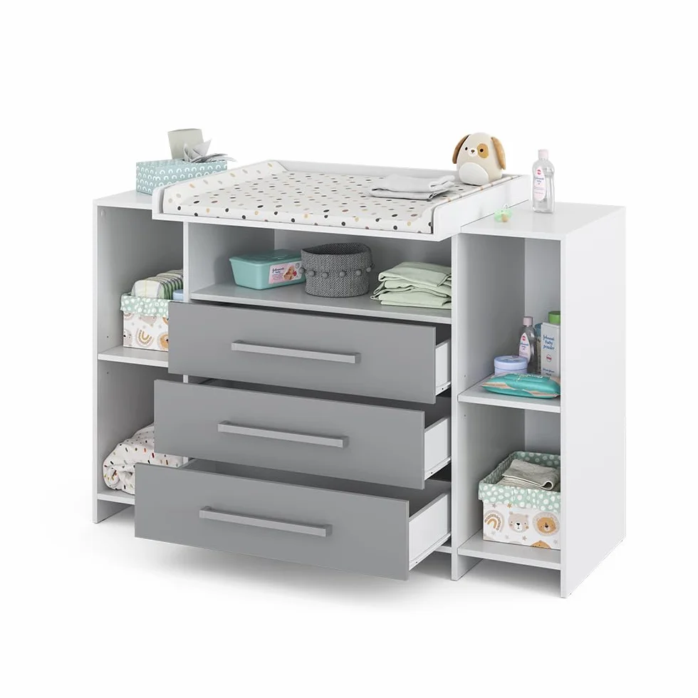Vicco Commode à Langer Oskar 143x100cm XL Blanc/Gris avec Tiroirs Table à Langer Rangement Extensible