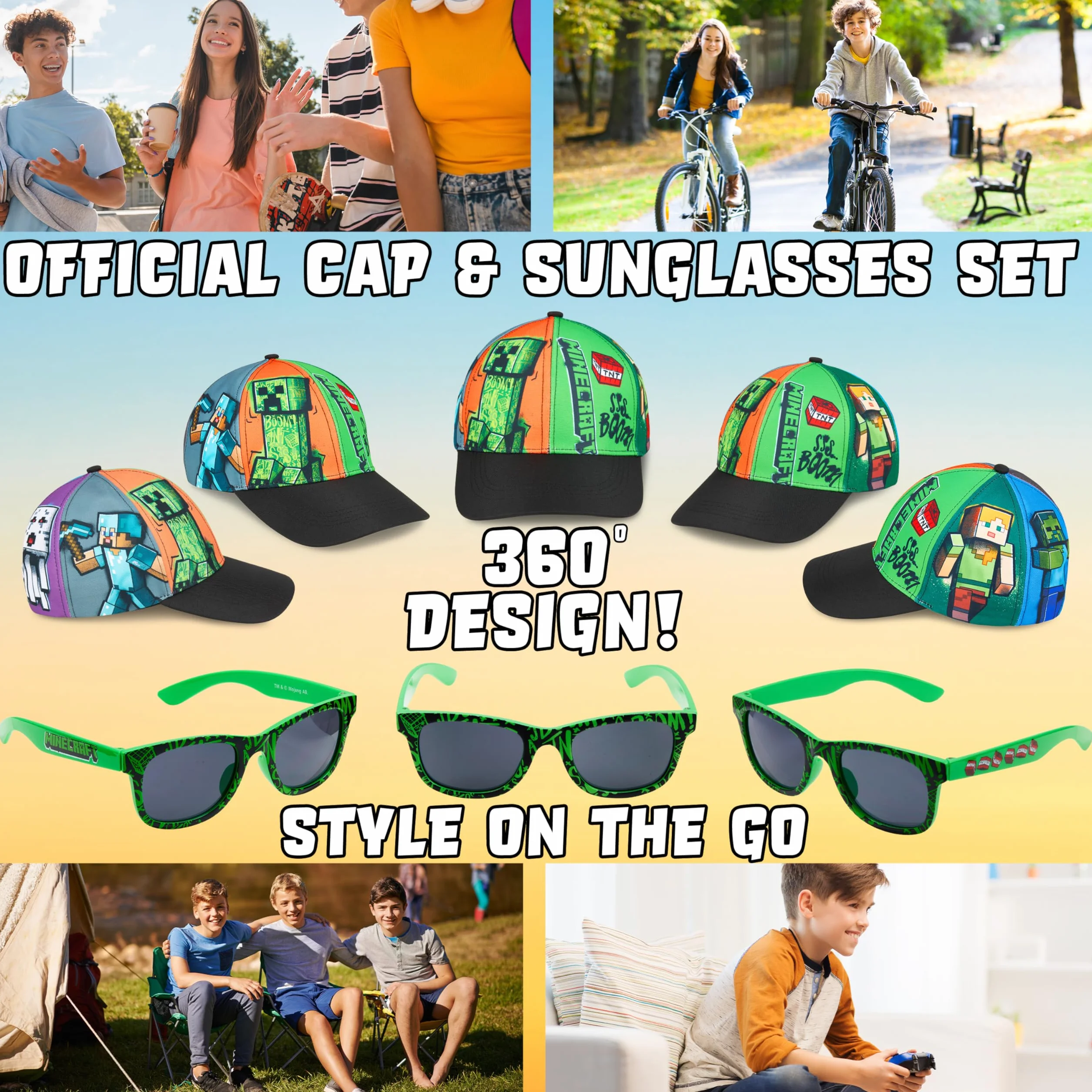 Minecraft Ensemble Casquette Trucker Enfant et Lunettes de Soleil 100% UV Protection Creeper Accessoire Été