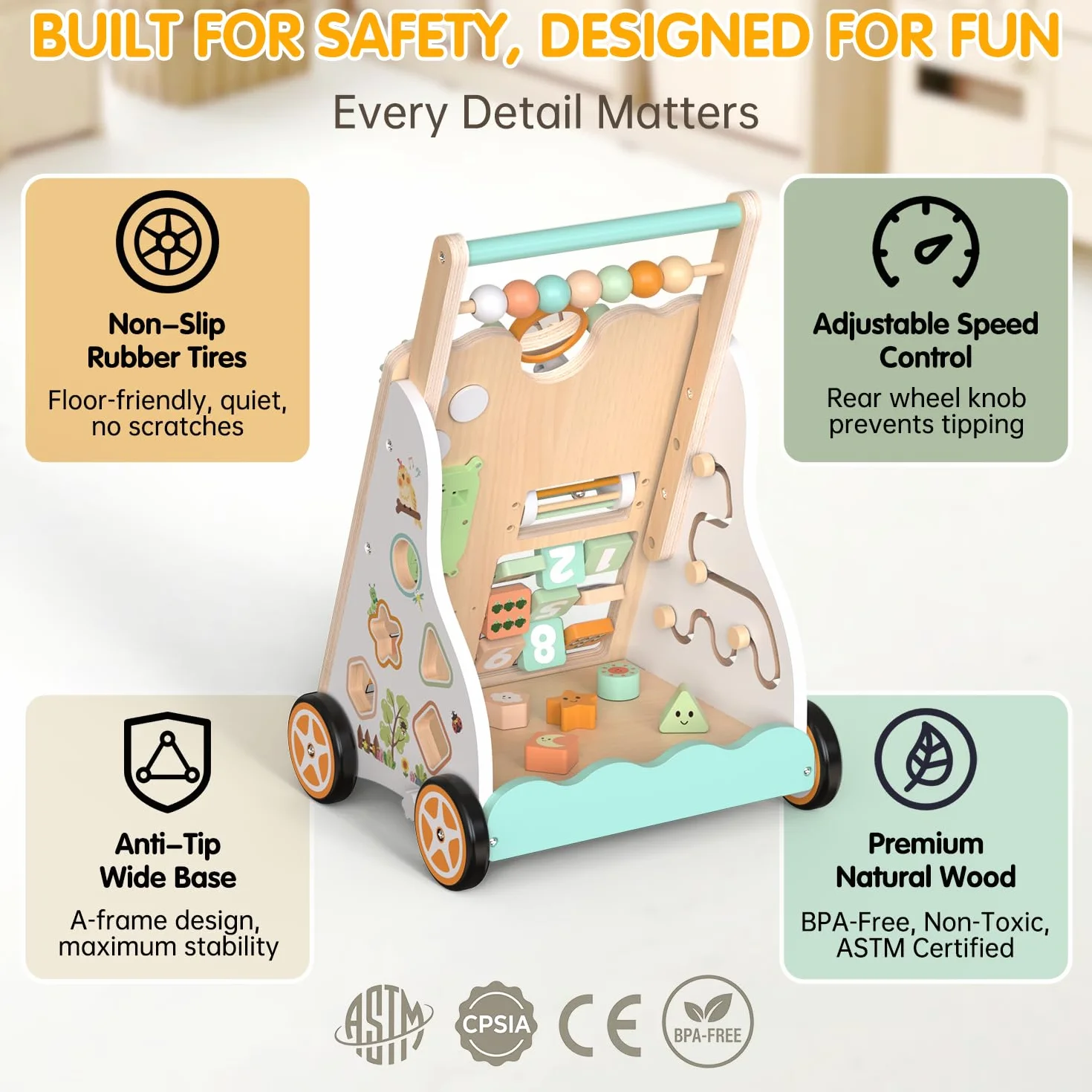 Chariot de Marche en Bois Montessori pour Bébé – Trotteur avec Centre d’Activités – Hauteur et Vitesse Réglables – 12 Mois+