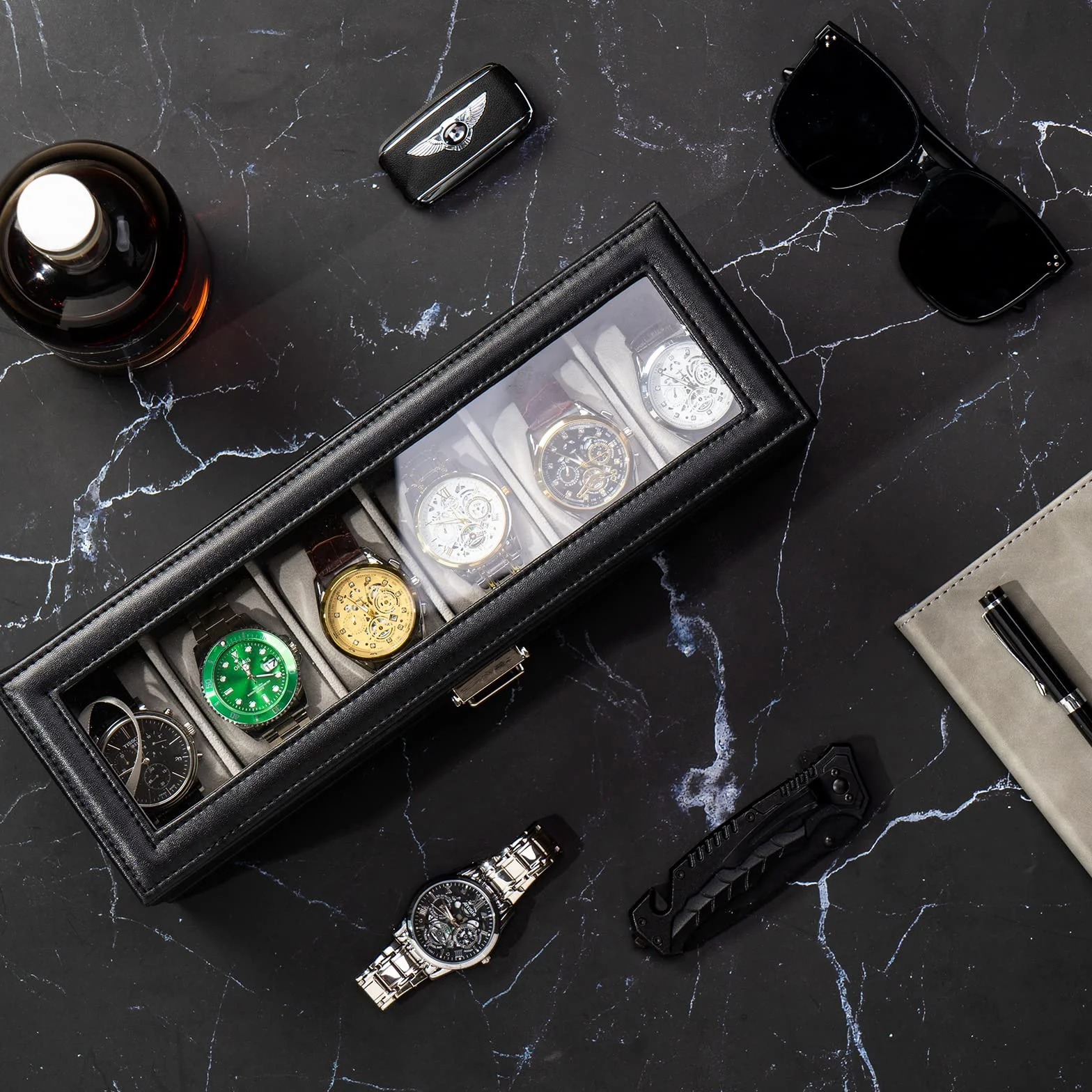 ProCase Boite a Montre 2 Niveaux 6 Emplacements avec Coussins Couvercle en Verre Noir