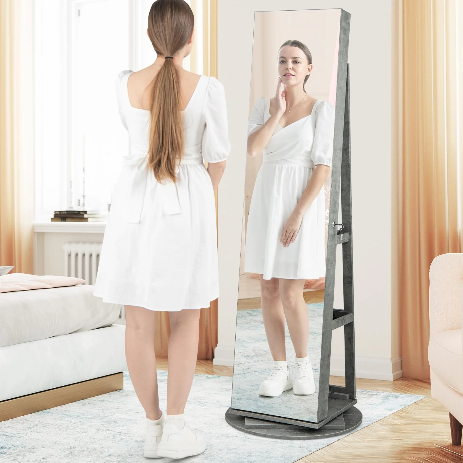 RELAX4LIFE Armoire à Bijoux Pivotante 360º avec Miroir Pleine Longueur, Éclairage LED, Gris