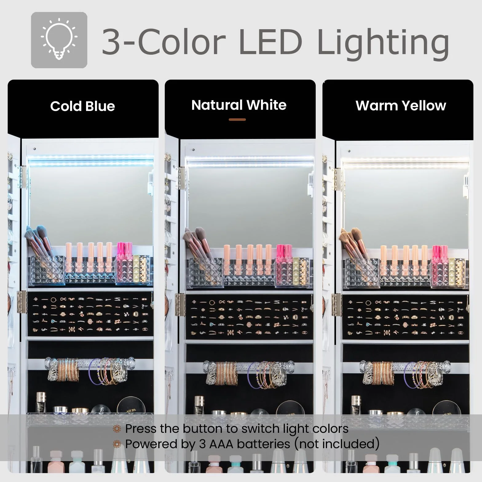 HOMASIS Armoire à bijoux sur roulettes avec lumières LED 3 couleurs, étagères réglables, miroir, 40 x 38 x 163 cm