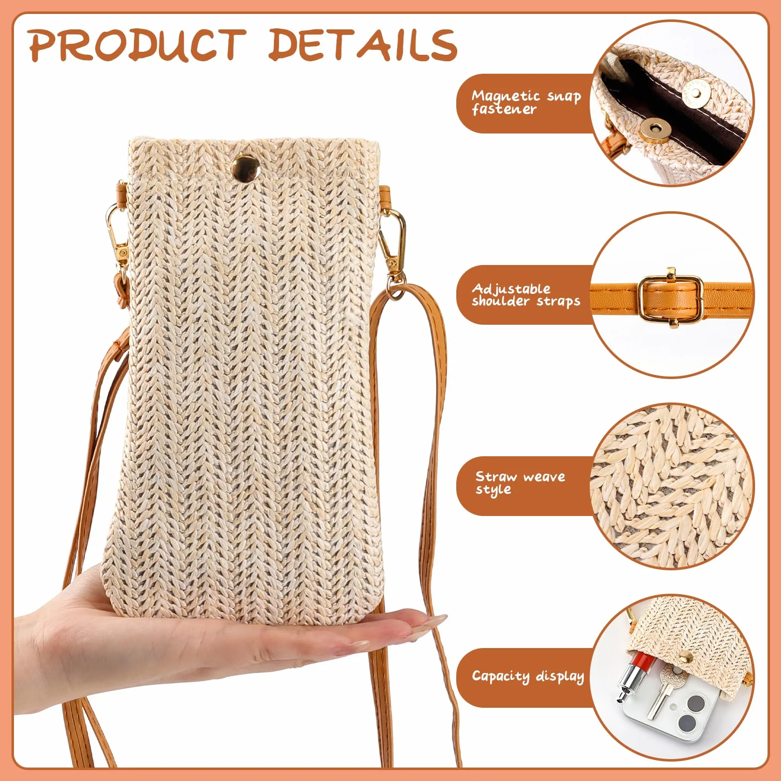 Sac à main réglable en paille pour femme, pochette téléphone portable bandoulière
