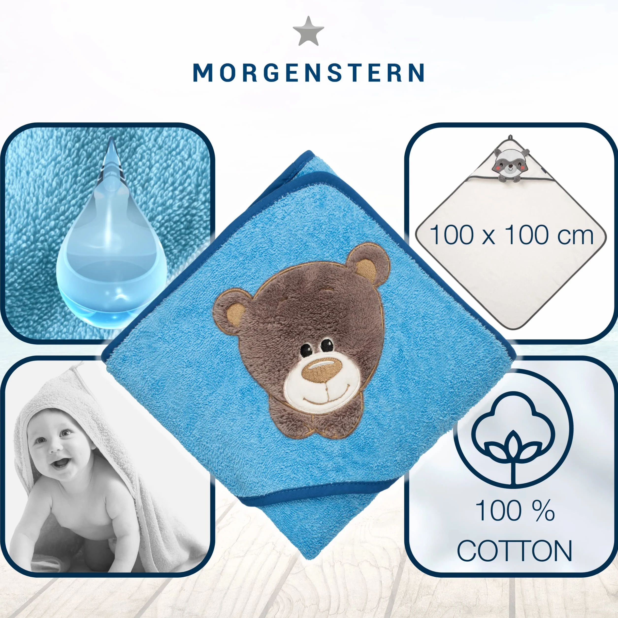 Morgenstern Peignoir Enfant 100 x 100 cm 100% Coton Éponge Oeko-TEX® Bleu