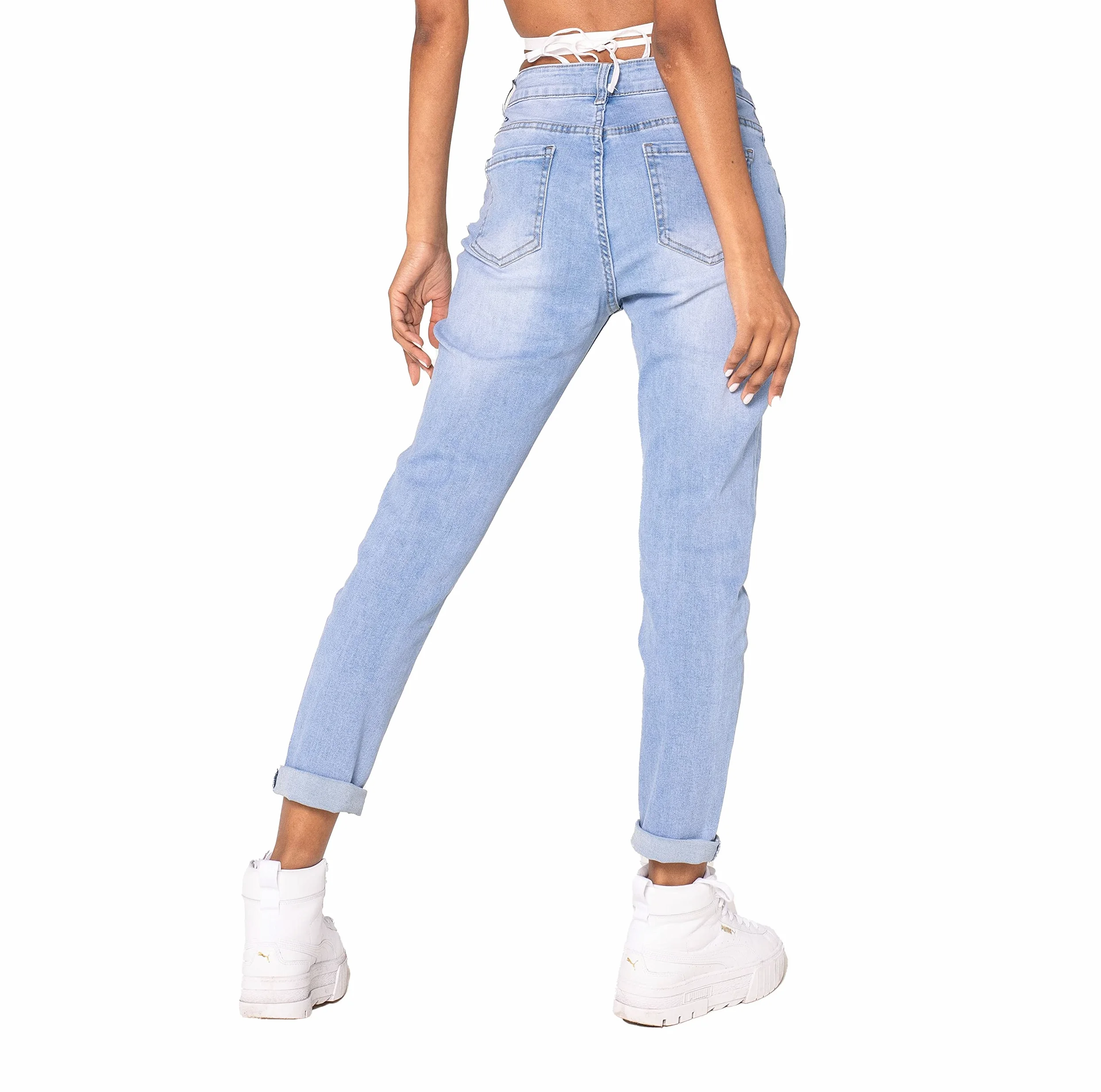 Nina Carter P189 Jean taille haute pour femme Coupe droite Aspect usé
