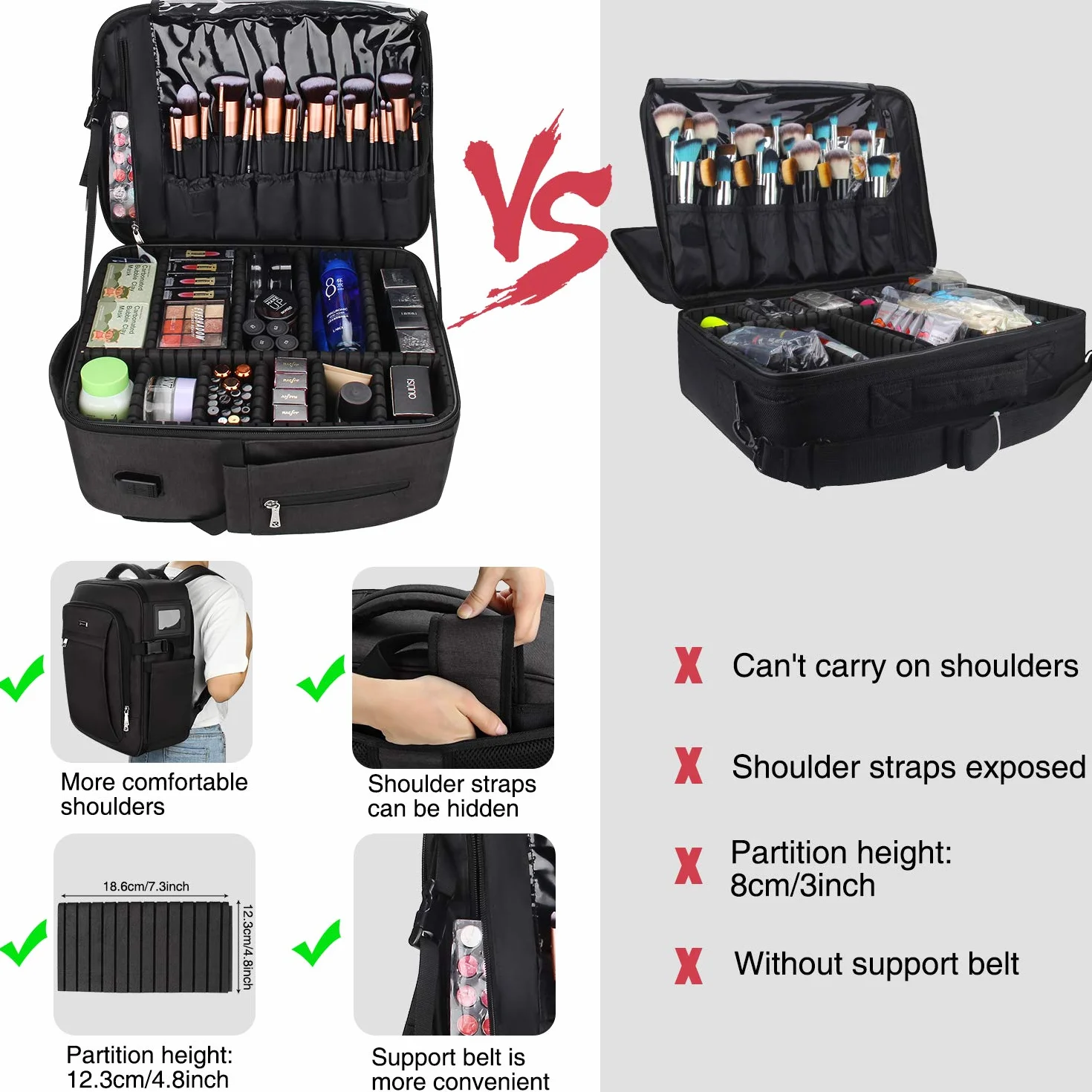 Relavel Trousse de maquillage portable voyage grand organisateur professionnel sangle réglable séparateurs