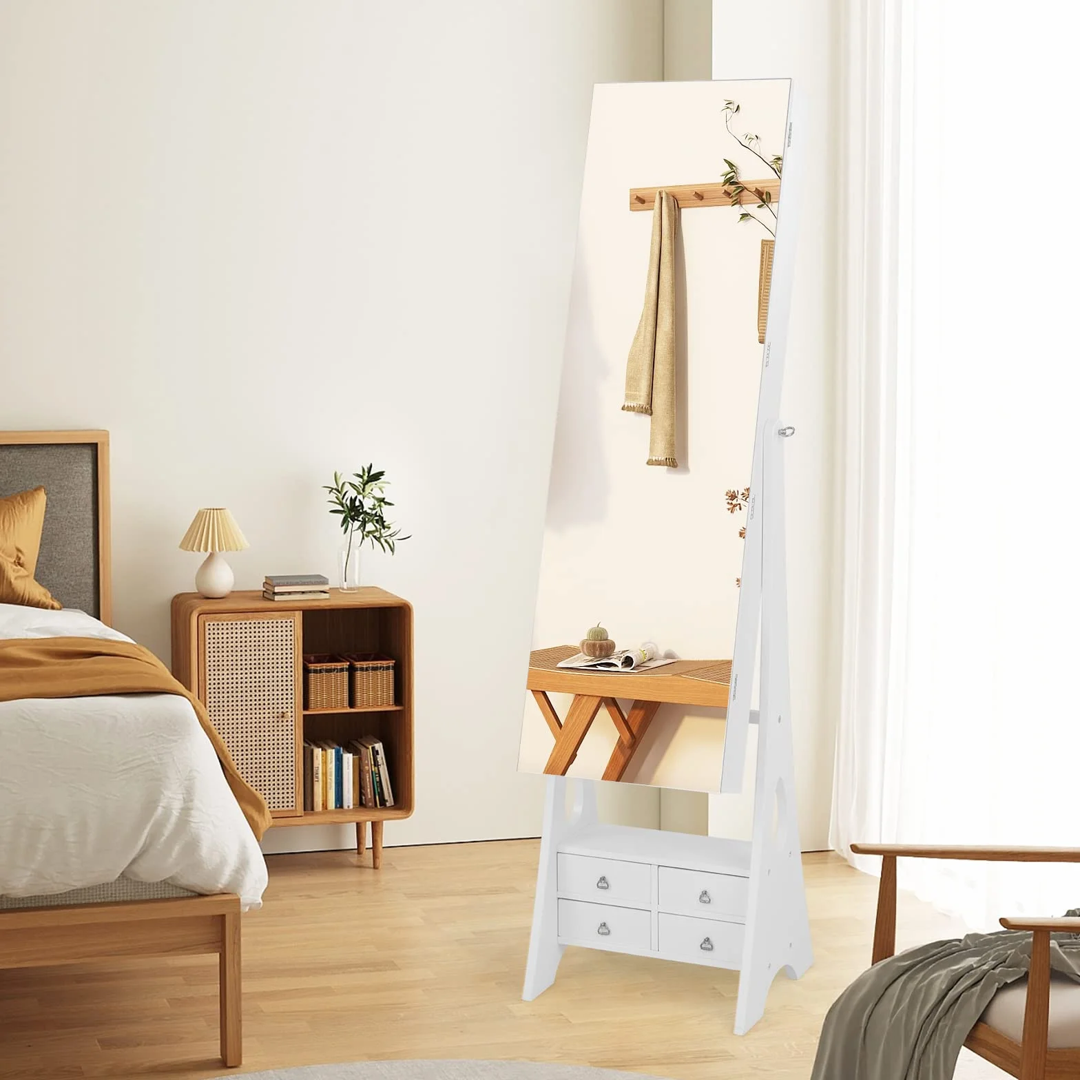 COSTWAY Armoire à Bijoux avec Miroir Pleine Longueur, Lumières LED Intégrées, Étagère de Maquillage Pliable, Blanc